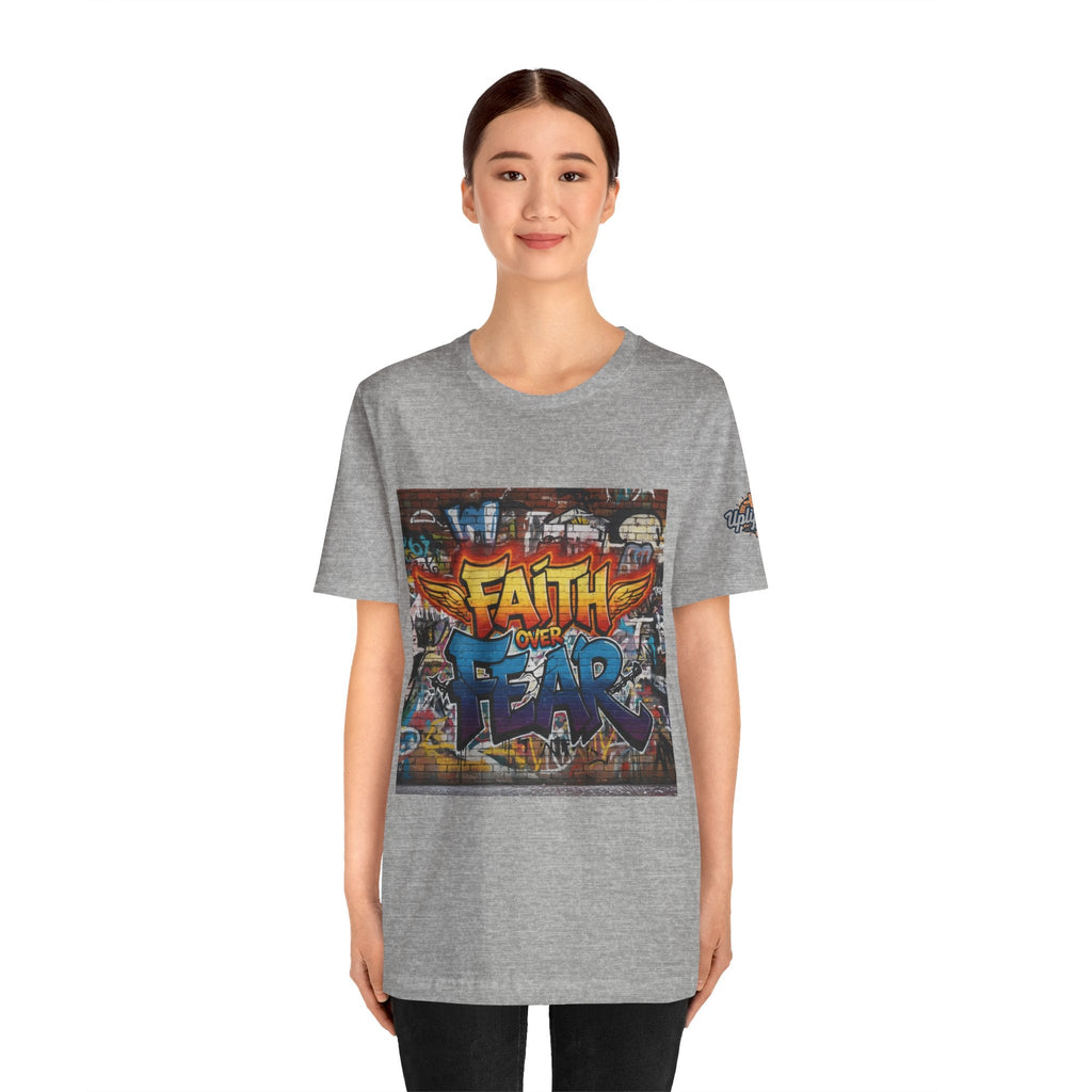 Faith Over Fear T-shirt – Graffiti Wall Christian T-shirt for Bold 2 Corinthians 5:7 Streetwear & Unshakable Faith Printify