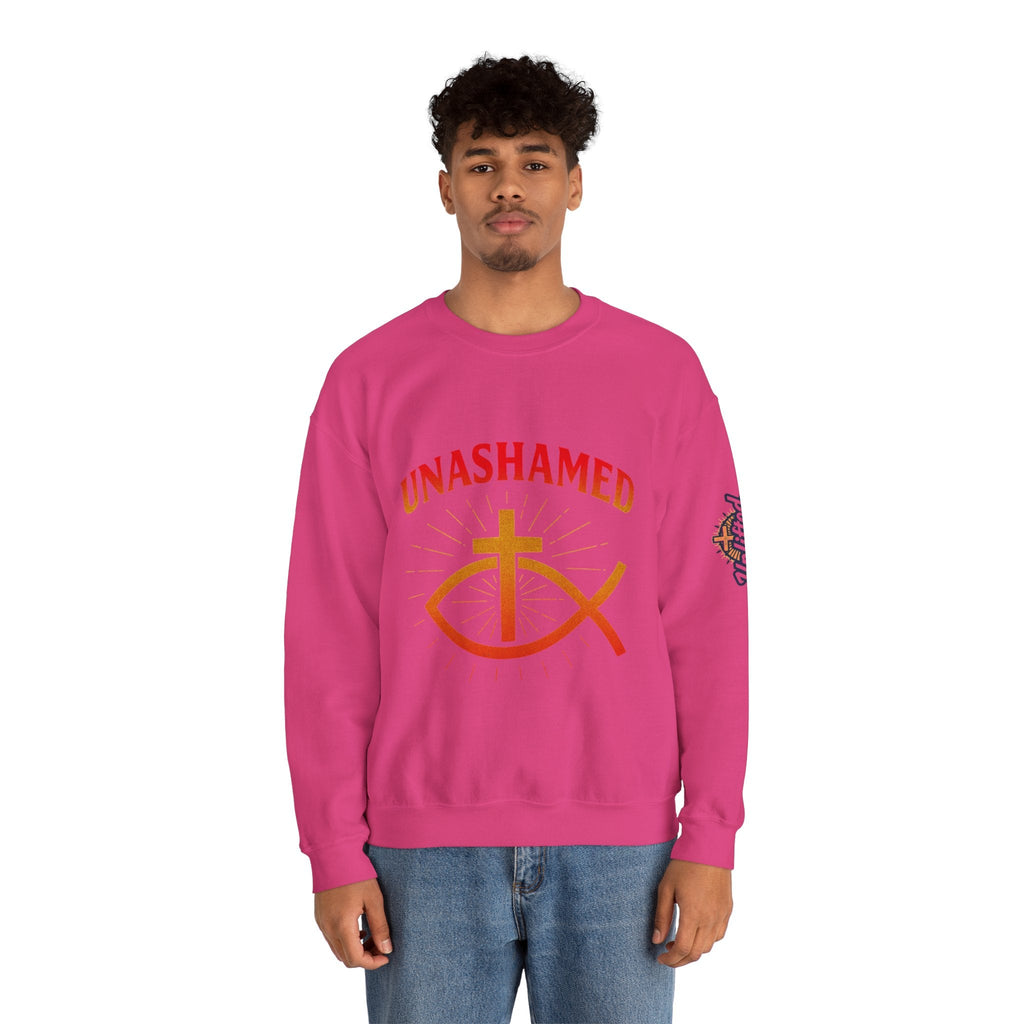 Unashamed Sweatshirt – Ichthys Jesus Fish & Cross Christian Sweatshirt for Romans 1:16 Bold Faith Printify