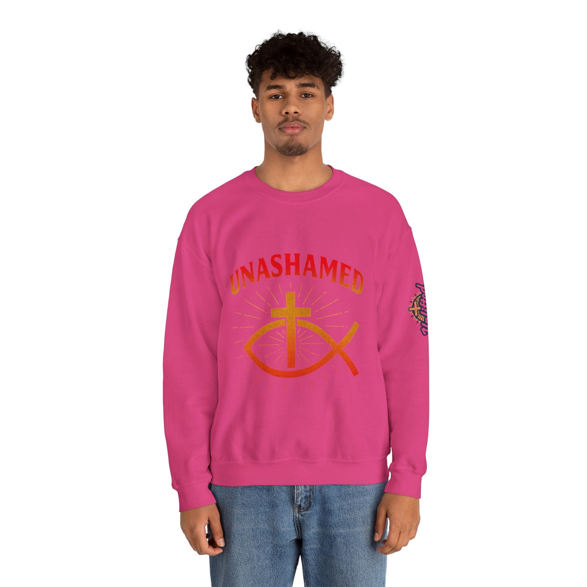 Unashamed Sweatshirt – Ichthys Jesus Fish & Cross Christian Sweatshirt for Romans 1:16 Bold Faith Printify