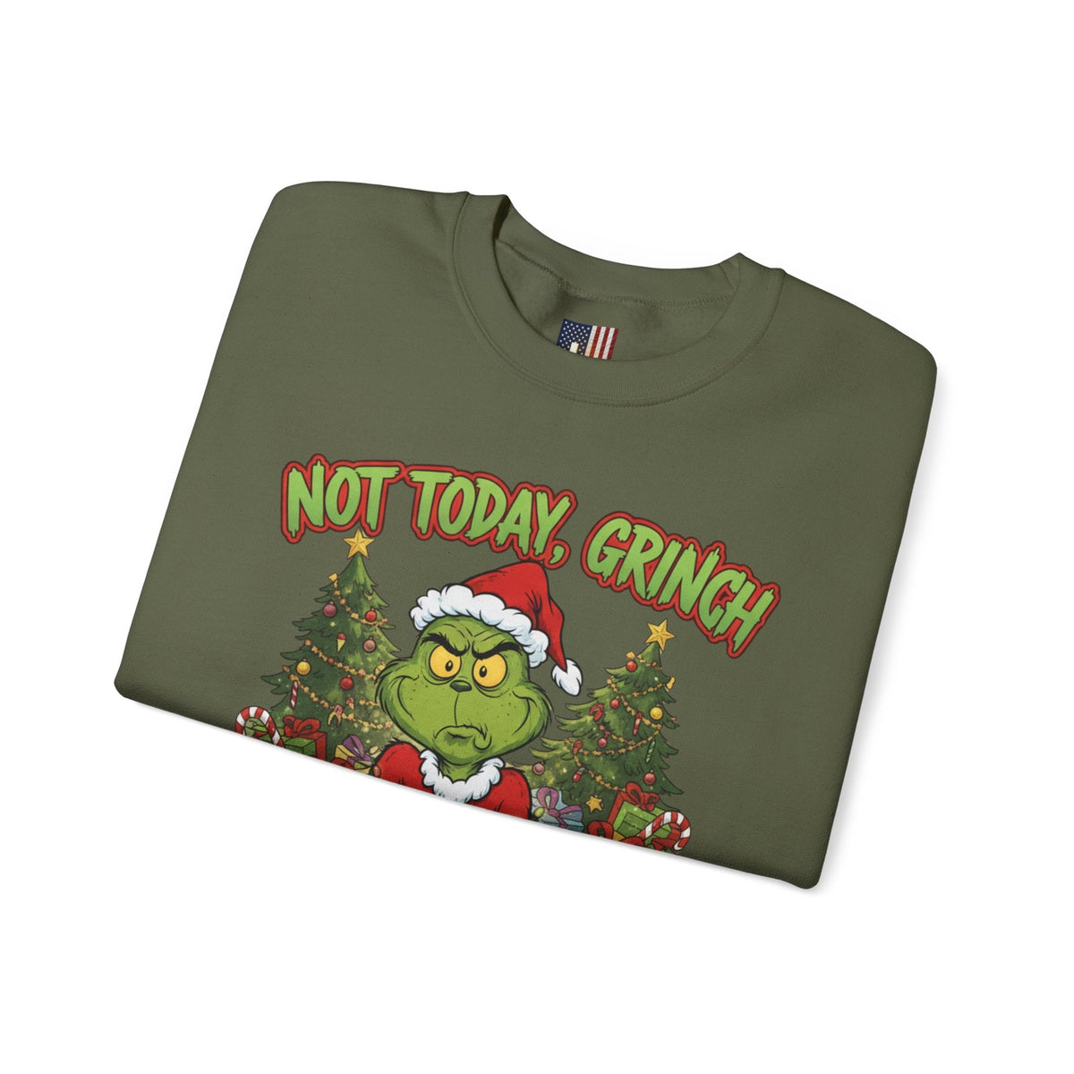 🎄 Not Today, Grinch – Jesus Saves | Funny Christian Christmas Sweatshirt | Sulking Grinch & Glowing Cross | Bold Neon Faith Tee by Uplifted Gear Printify