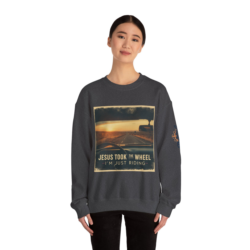 Jesus Took the Wheel I'm Just Riding Sweatshirt – Funny Christian Convertible Car Sweatshirt for Surrendered Faith & Humor