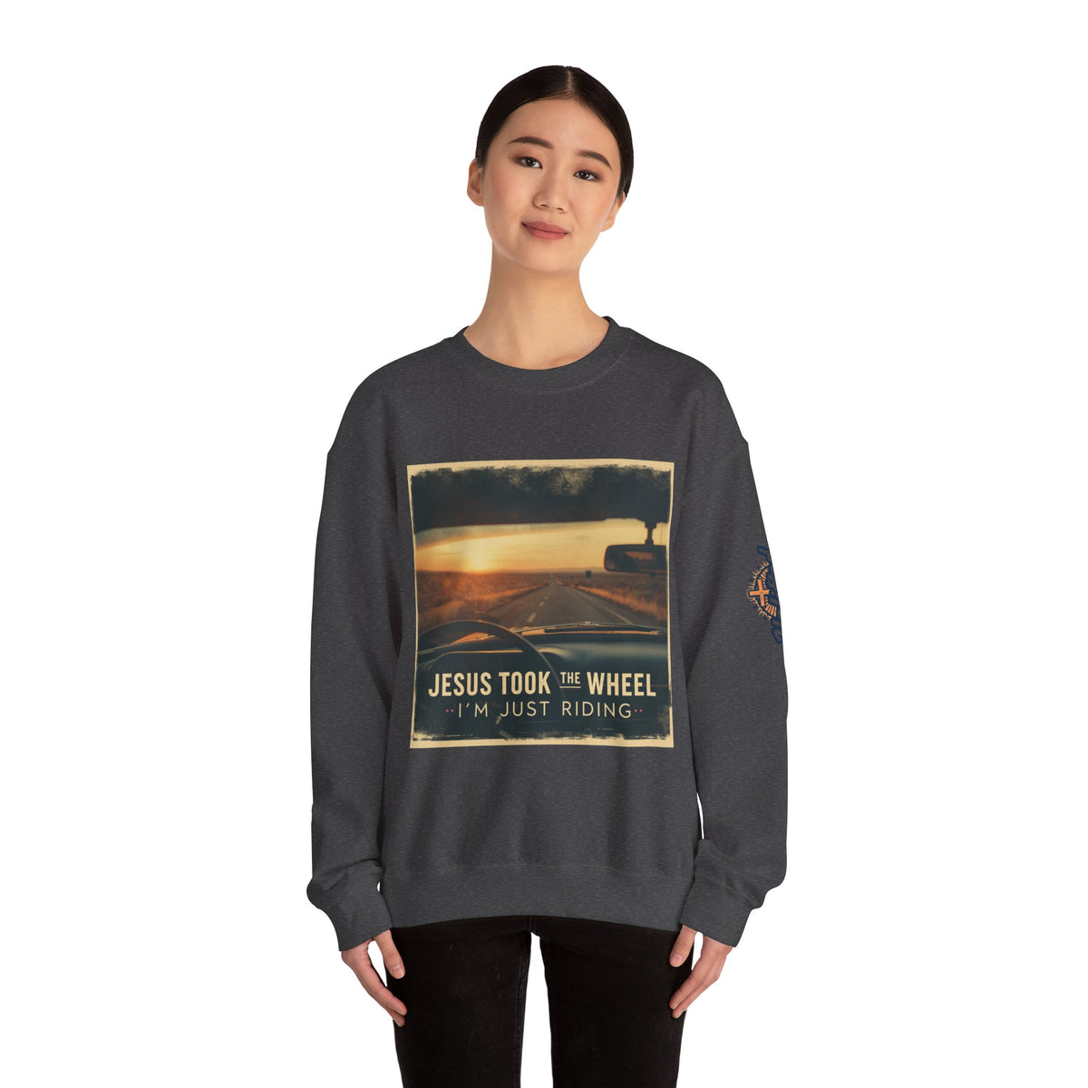 Jesus Took the Wheel I'm Just Riding Sweatshirt – Funny Christian Convertible Car Sweatshirt for Surrendered Faith & Humor
