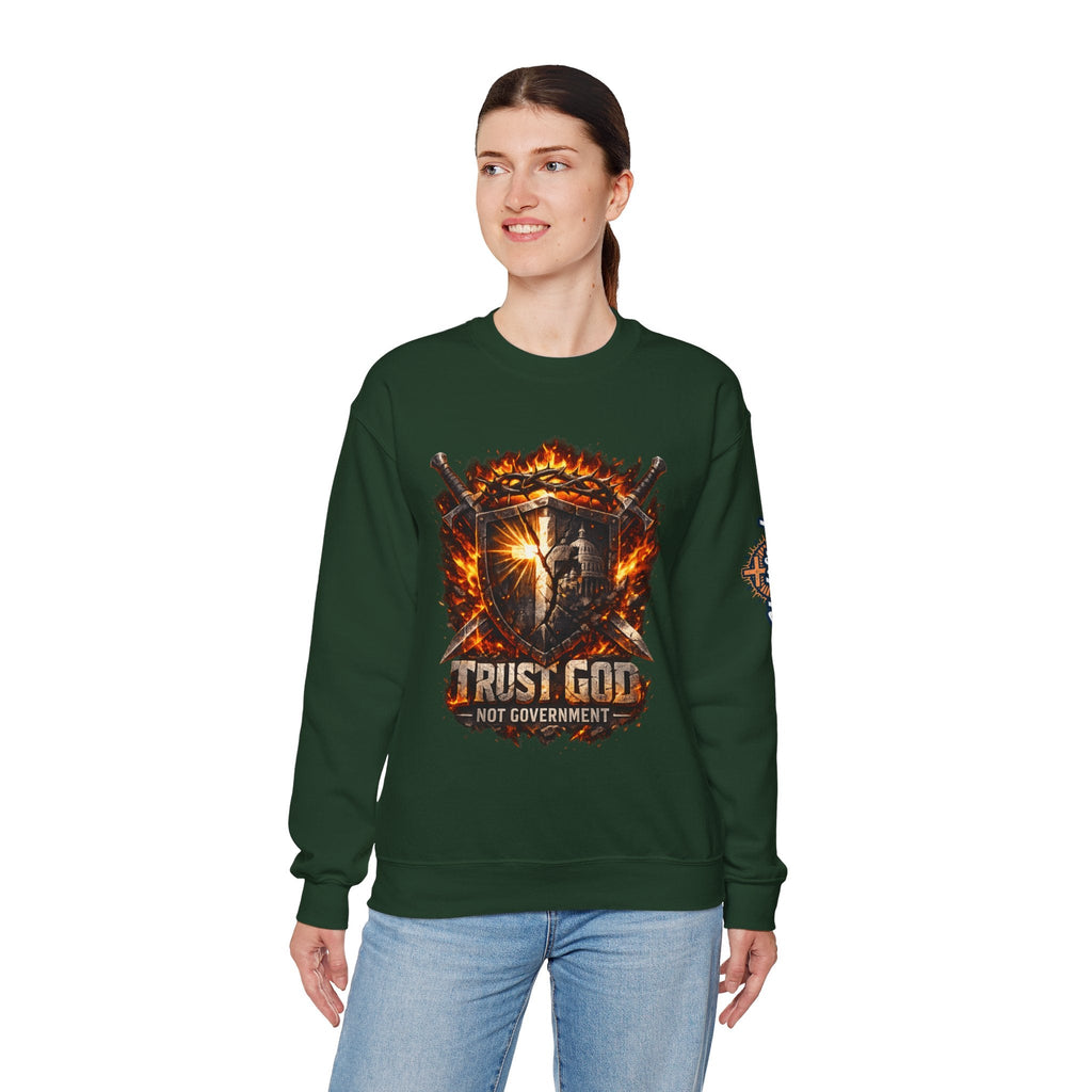Trust God Not Government Shield Sweatshirt — Patriotic Christian Faith Sweatshirt Printify