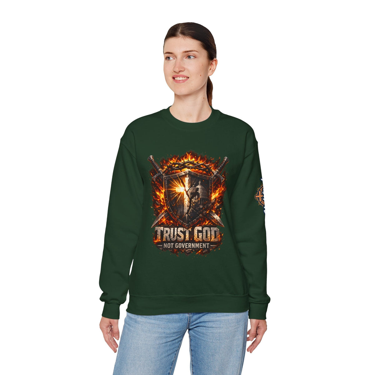 Trust God Not Government Shield Sweatshirt — Patriotic Christian Faith Sweatshirt Printify
