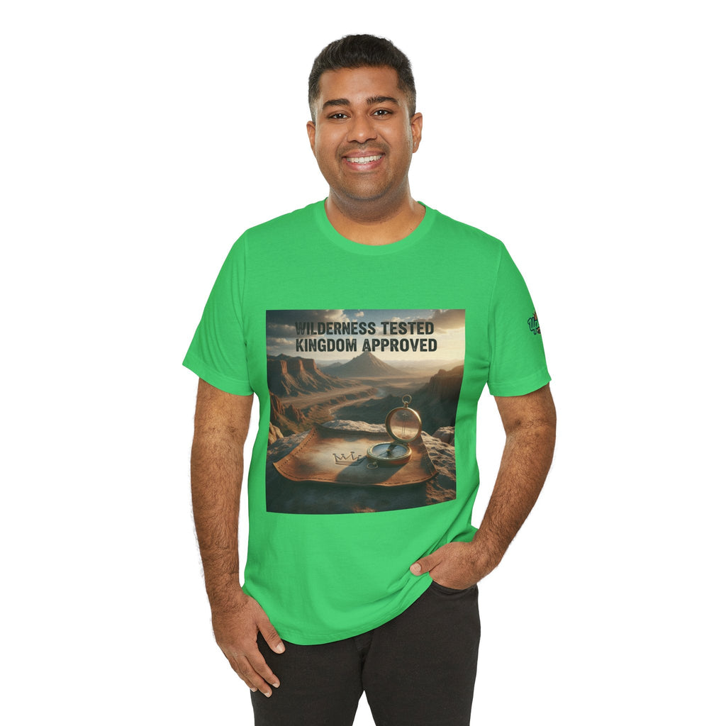 Wilderness Tested Kingdom Approved T-shirt – Mountain Desert Compass Crown Christian T-shirt for Biblical Adventure Faith Printify