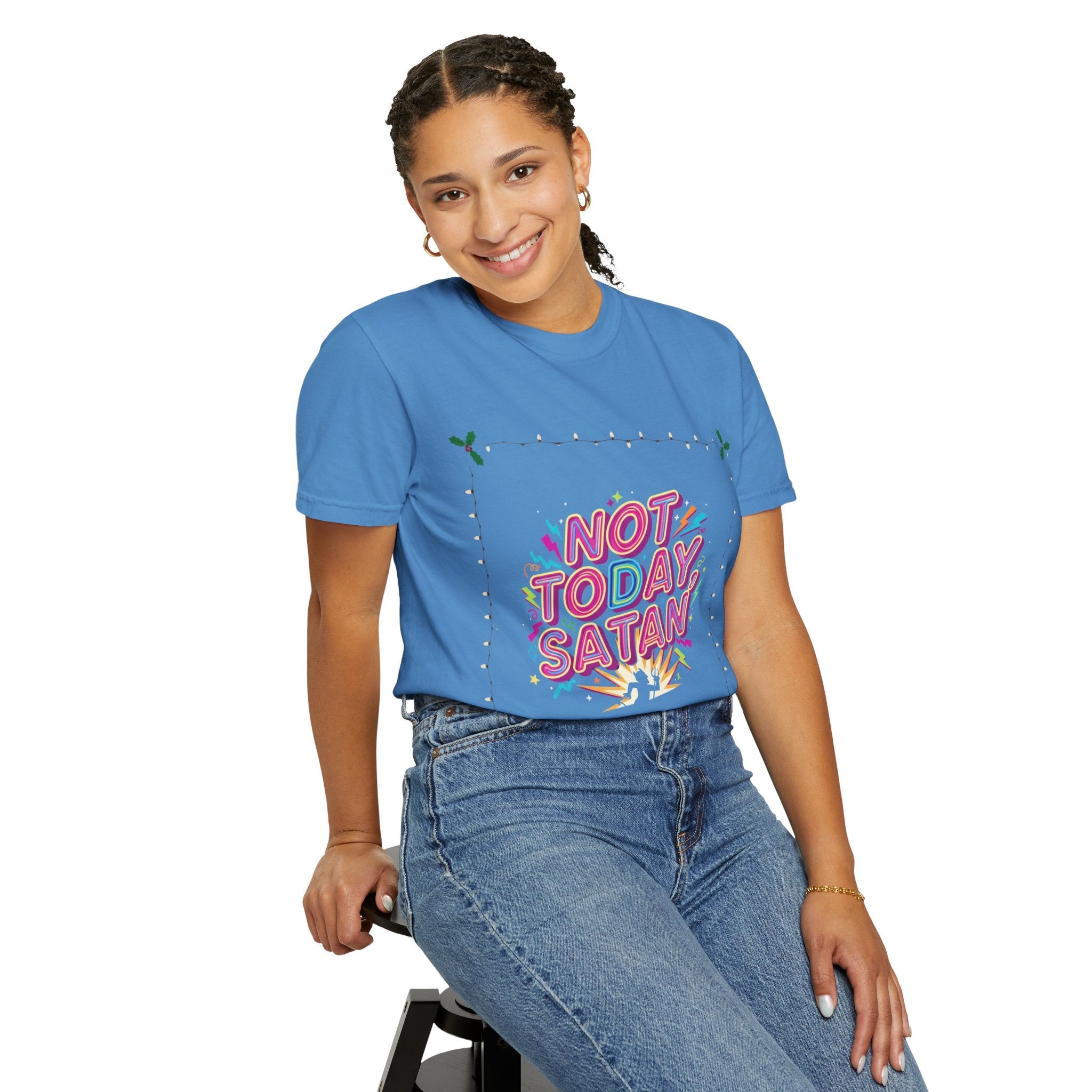 🔥 Not Today, Satan – Retro 90s Christian T-Shirt | Neon Faith Tee | Funky Cartoon Devil | Bold Bible Verse Shirt | Uplifted Gear Printify