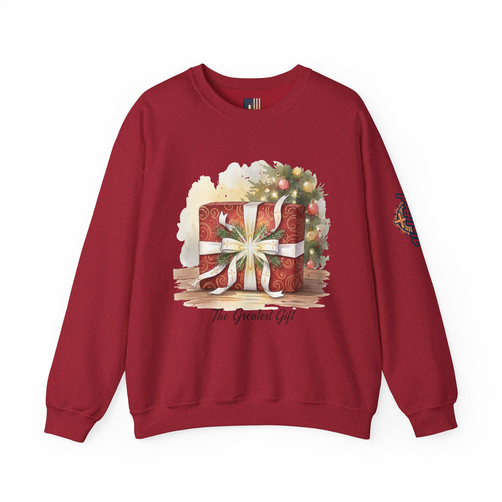 The Greatest Gift Sweatshirt – Cross Bow Present Christian Sweatshirt for Christmas Salvation & Eternal Faith Printify
