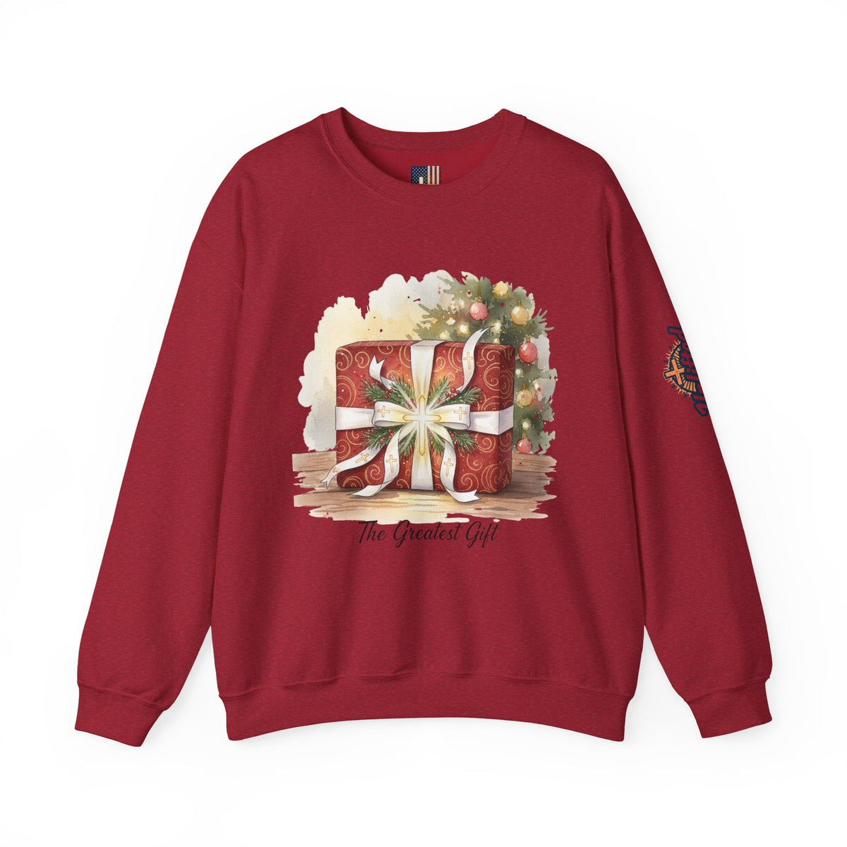The Greatest Gift Sweatshirt – Cross Bow Present Christian Sweatshirt for Christmas Salvation & Eternal Faith Printify