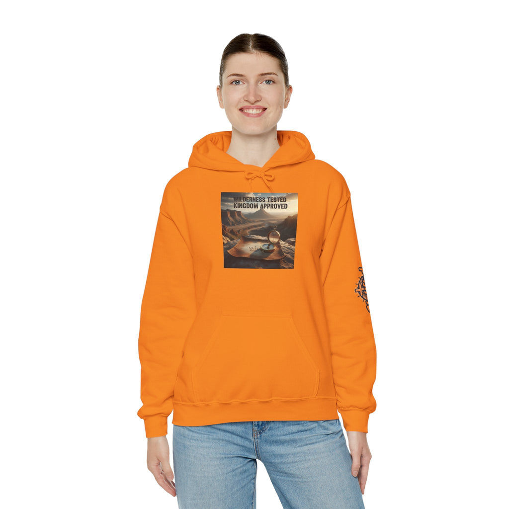 Wilderness Tested Kingdom Approved Hoodie – Mountain Desert Compass Crown Christian Sweatshirt for Biblical Adventure Faith Printify