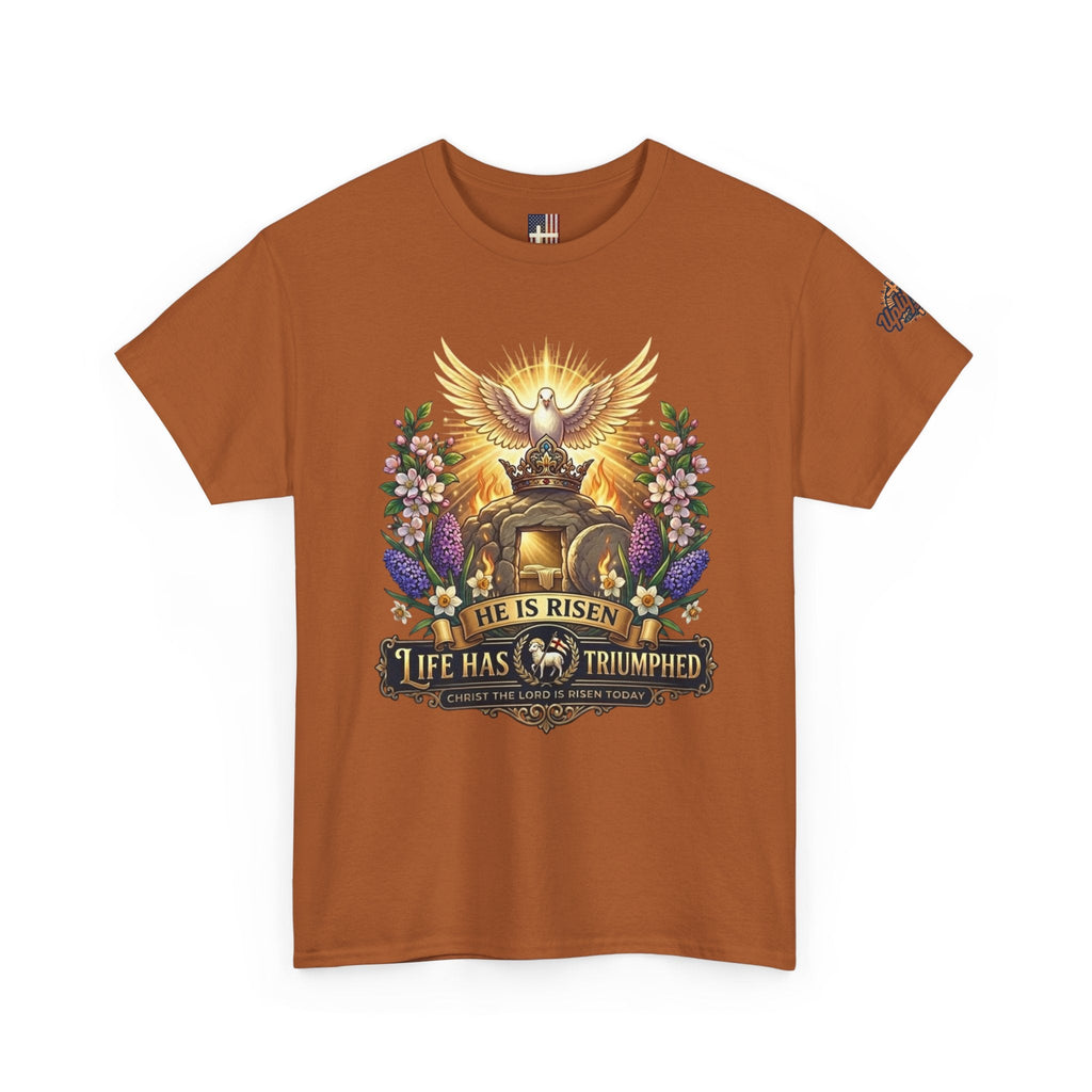 He Is Risen "Life Has Triumphed" T-Shirt — Easter Resurrection Christian Tee Printify