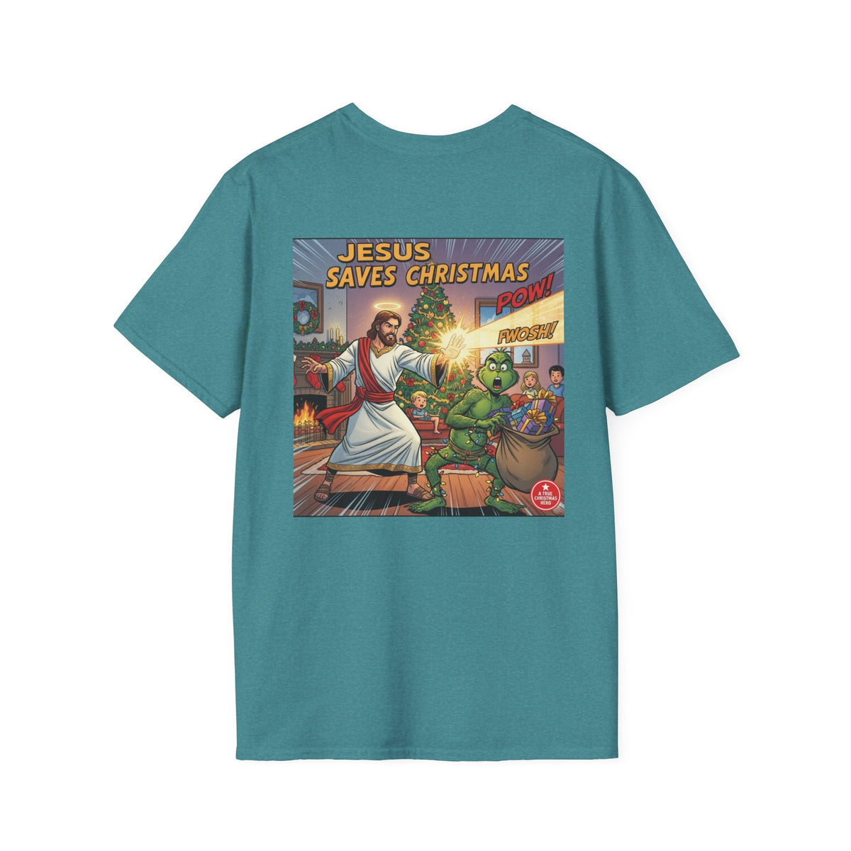 Jesus Saves Christmas T-shirt – Grinch vs Savior Light Battle Christian T-shirt for Hilarious Holiday Faith & True Joy Printify