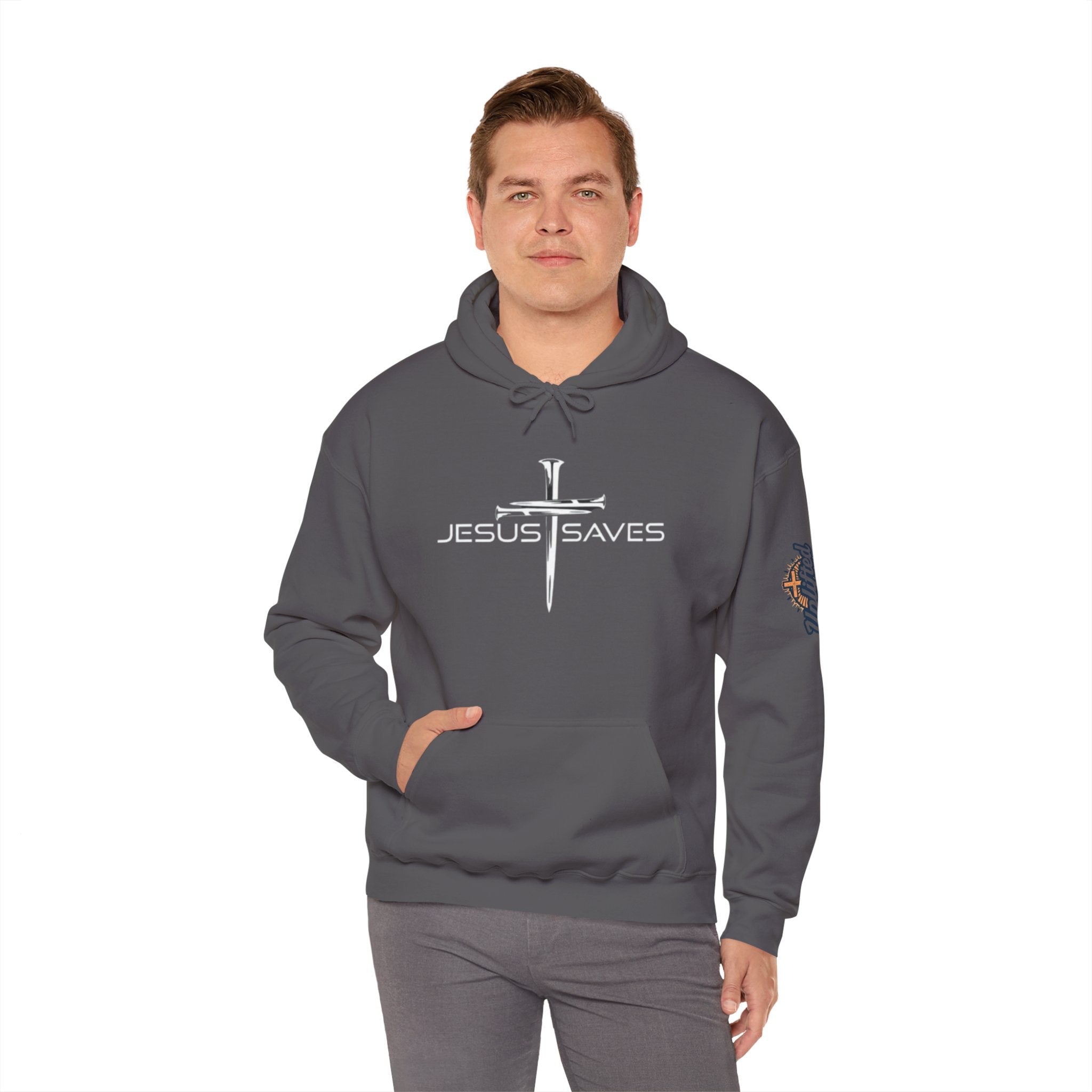 Jesus Saves Hoodie – 3 Nails Crucifix Cross Christian Sweatshirt for Redemption Faith & Bold Salvation Printify