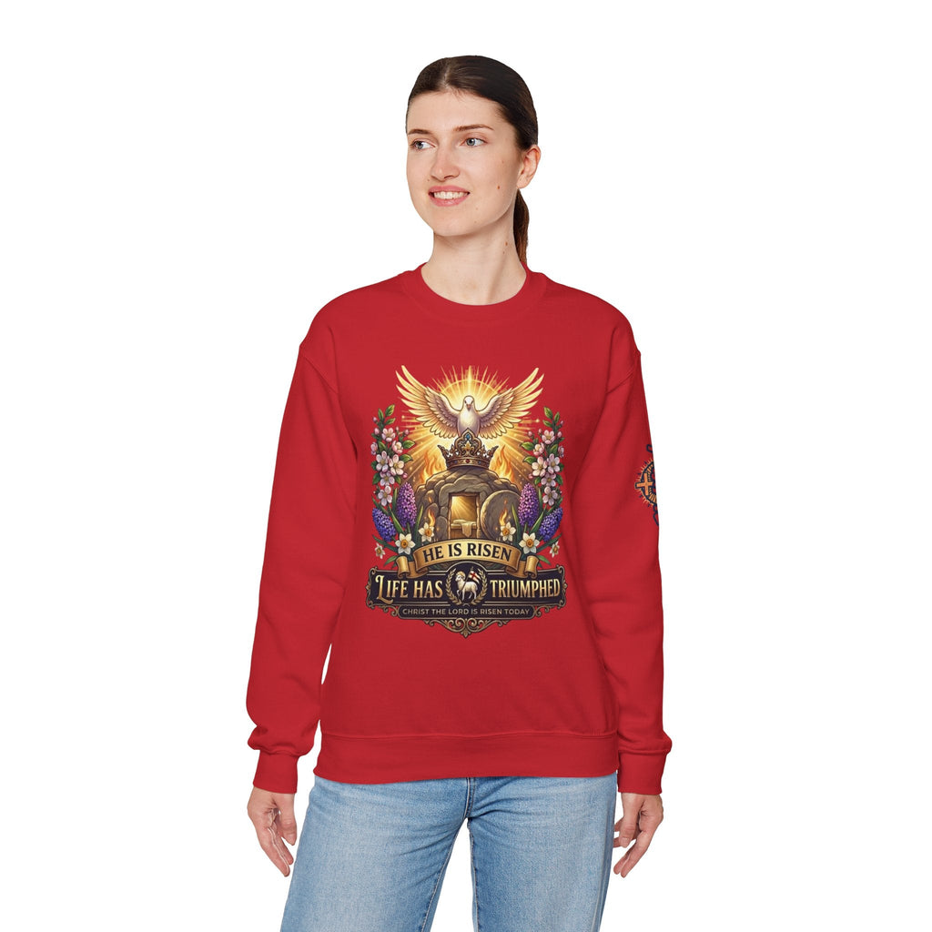 He Is Risen "Life Has Triumphed" Sweatshirt — Easter Resurrection Christian Sweatshirt Printify