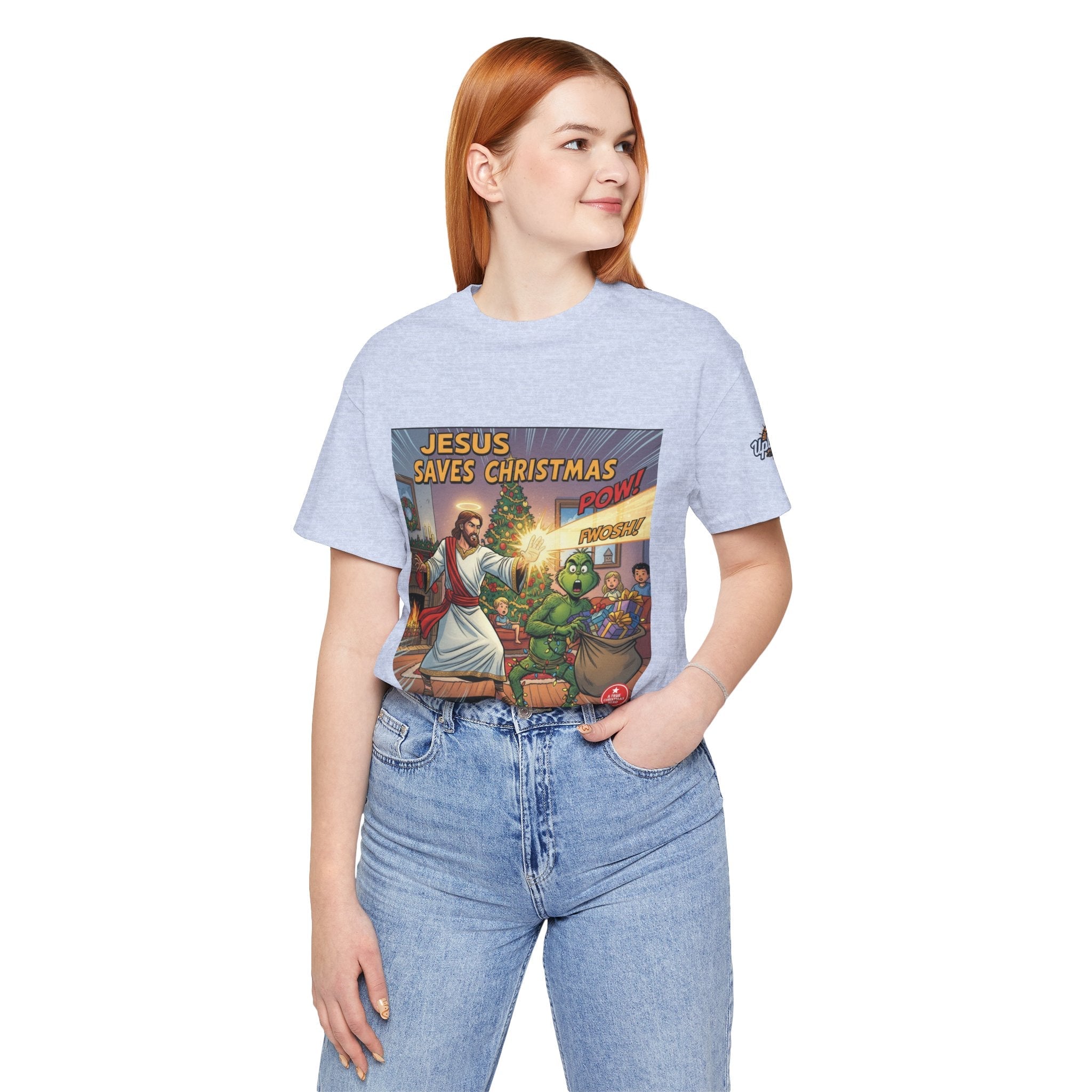 Jesus Saves Christmas T-shirt – Grinch vs Savior Light Battle Christian T-shirt for Hilarious Holiday Faith & True Joy Printify