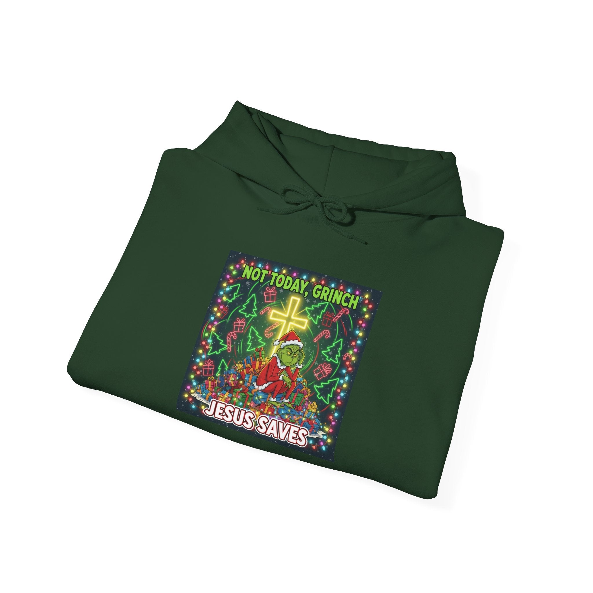 🎄 Not Today, Grinch – Jesus Saves | Funny Christian Christmas Hoodie | Festive Green & Red Cartoon Style | Bold Faith Holiday Tee by Uplifted Gear Printify