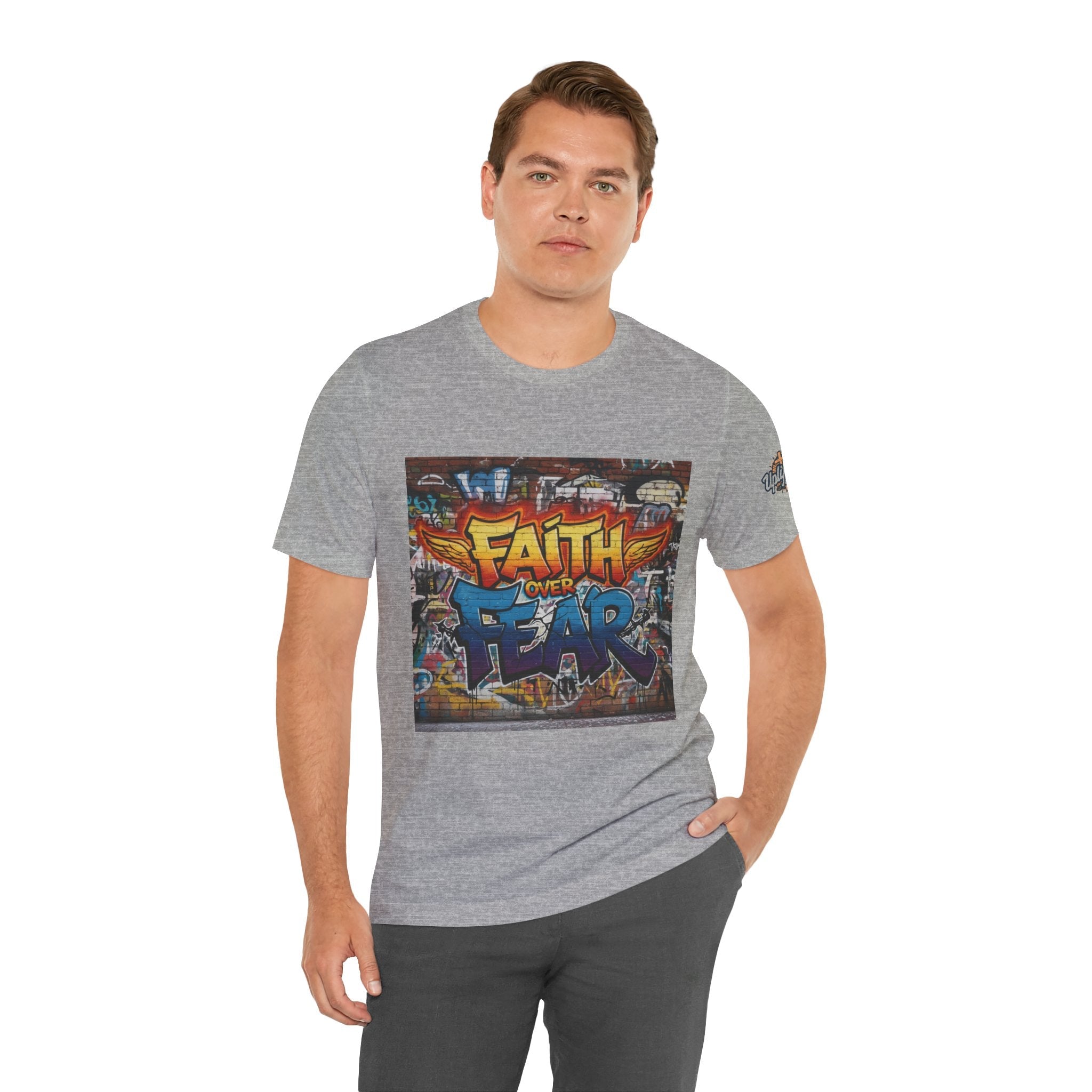 Faith Over Fear T-shirt – Graffiti Wall Christian T-shirt for Bold 2 Corinthians 5:7 Streetwear & Unshakable Faith Printify