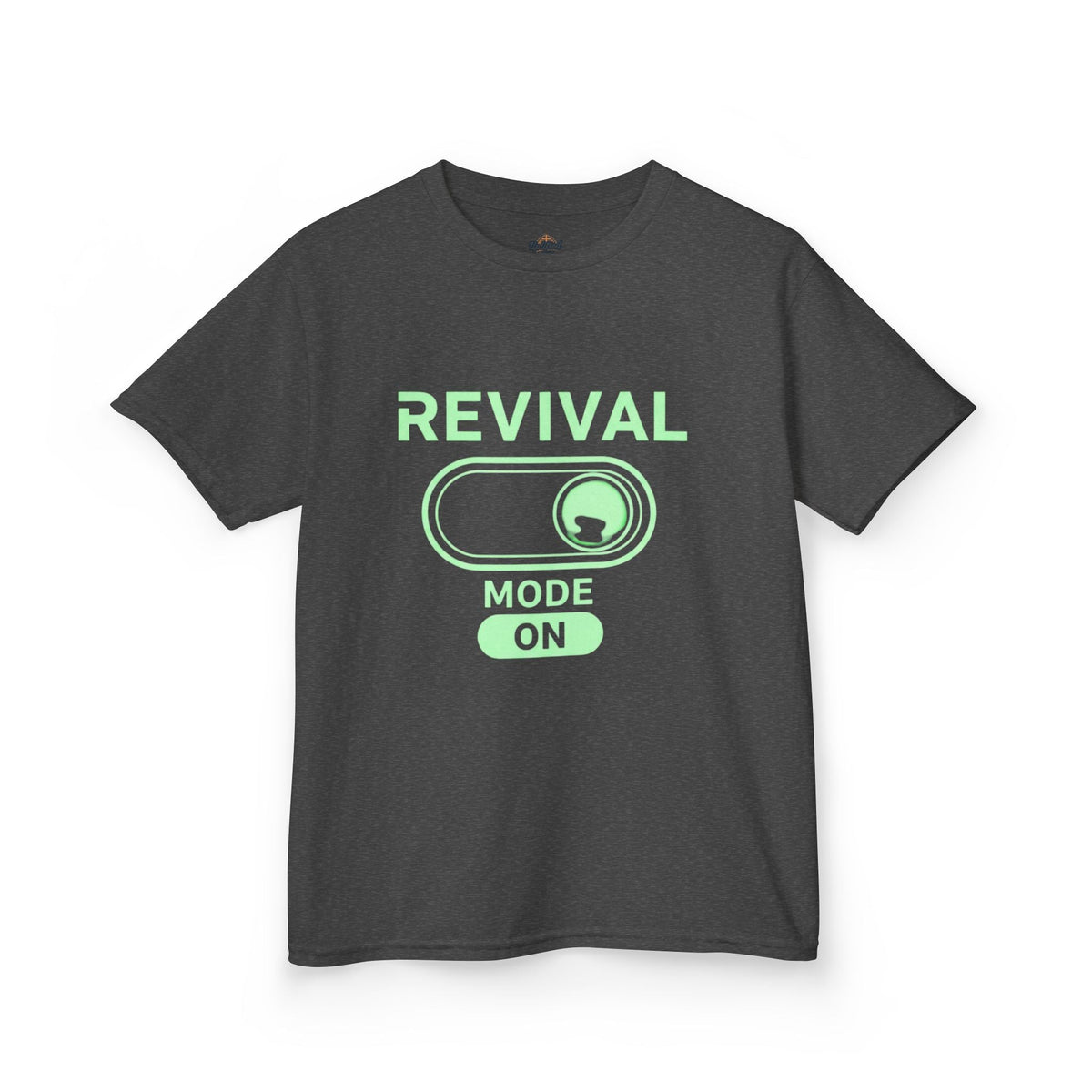 🔥 Revival Mode: ON – Christian Techwear Kids T-Shirt | Glowing Green Faith Switch | Futuristic Jesus Shirt | Activate Your Spiritual Awakening | Uplifted Gear Printify