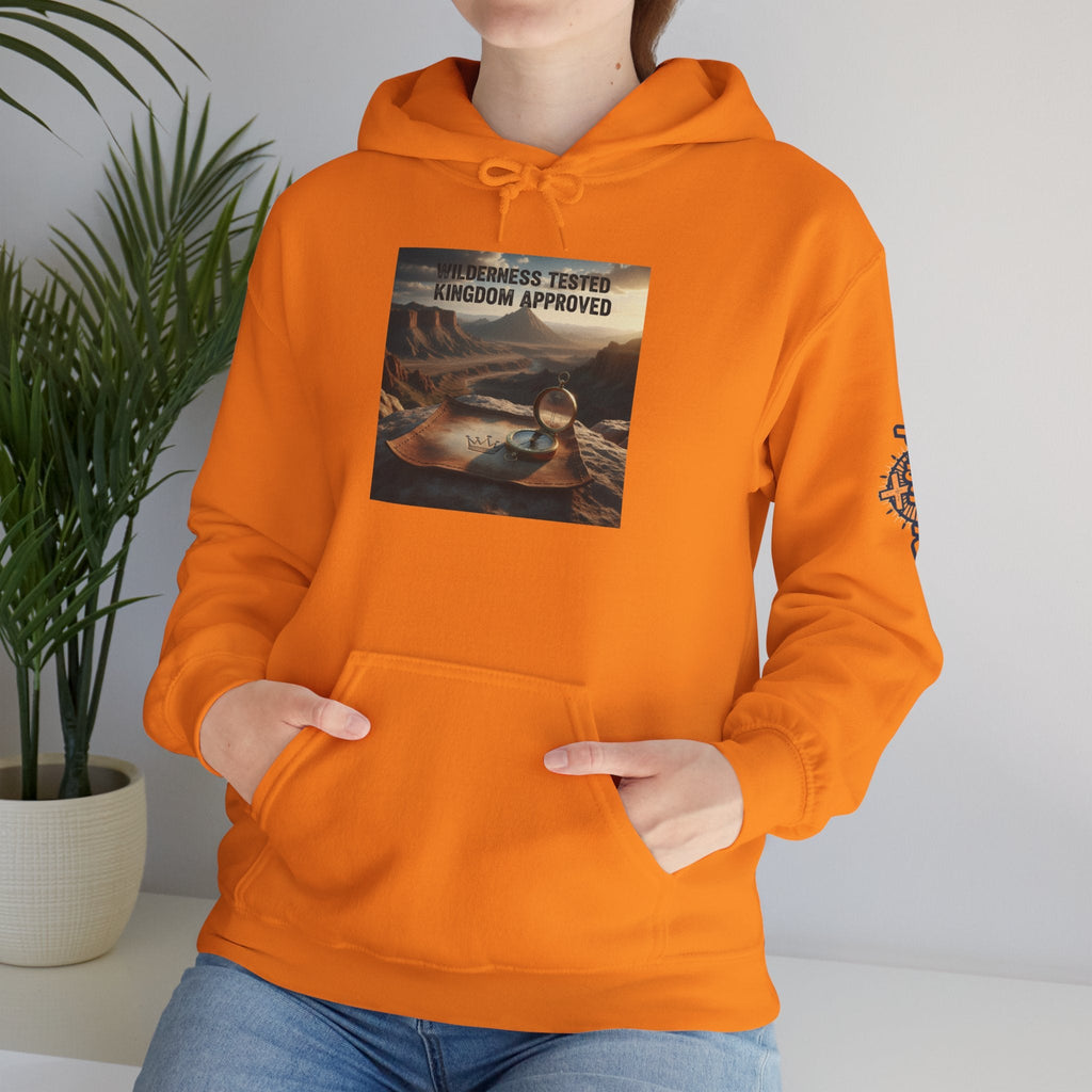 Wilderness Tested Kingdom Approved Hoodie – Mountain Desert Compass Crown Christian Sweatshirt for Biblical Adventure Faith Printify
