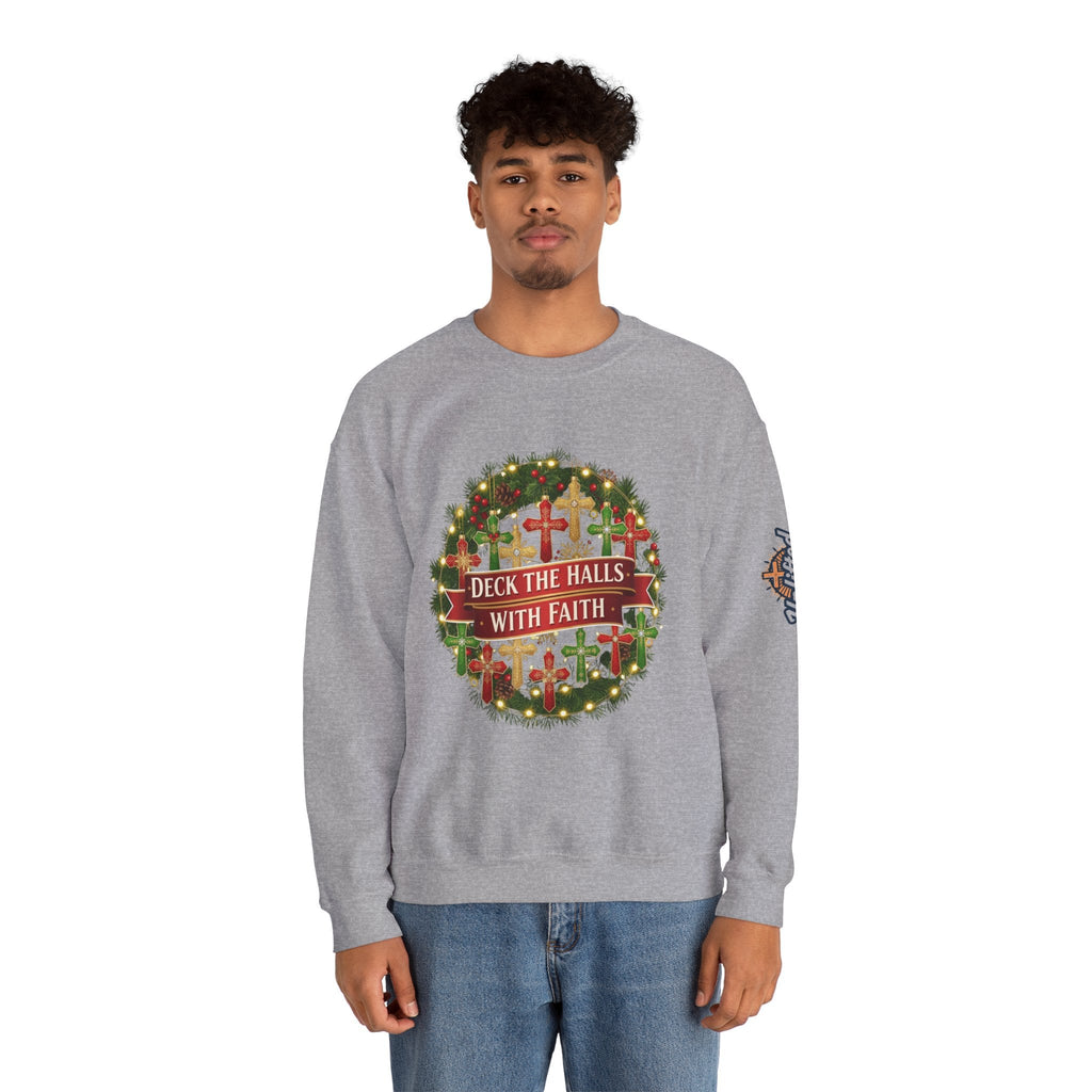 🎄 Deck the Halls with Faith – Christian Christmas Sweatshirt | Cross Ornament Design & Festive Garland | Bold Holiday Faith Tee by Uplifted Gear Printify