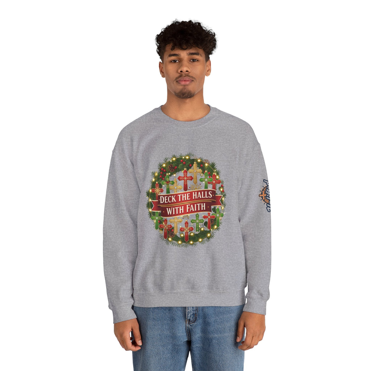 🎄 Deck the Halls with Faith – Christian Christmas Sweatshirt | Cross Ornament Design & Festive Garland | Bold Holiday Faith Tee by Uplifted Gear Printify