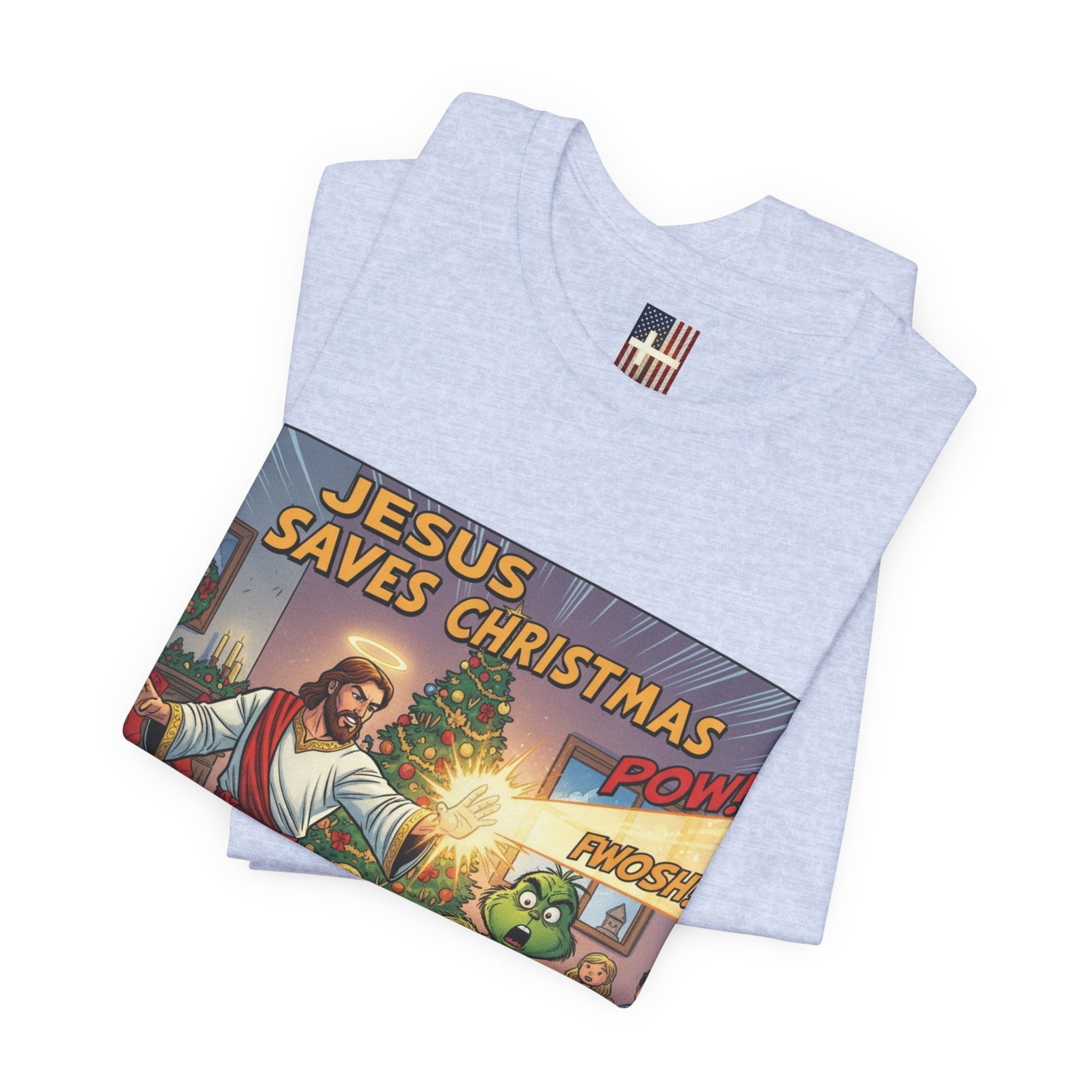 Jesus Saves Christmas T-shirt – Grinch vs Savior Light Battle Christian T-shirt for Hilarious Holiday Faith & True Joy Printify