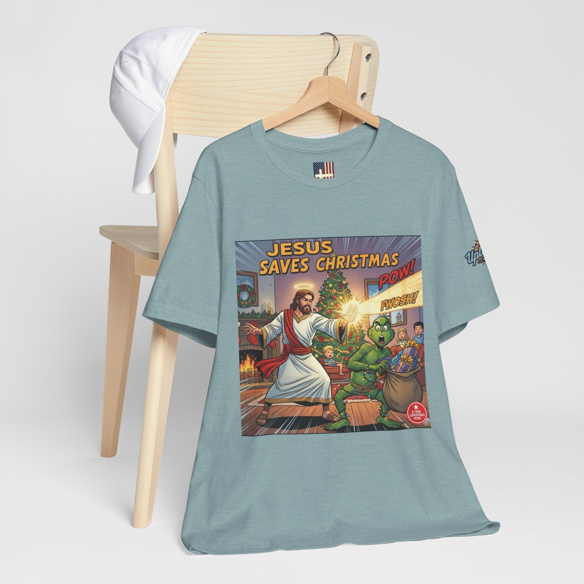 Jesus Saves Christmas T-shirt – Grinch vs Savior Light Battle Christian T-shirt for Hilarious Holiday Faith & True Joy Printify
