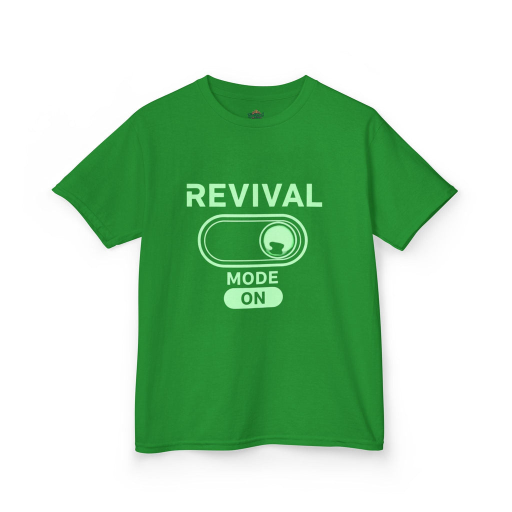 🔥 Revival Mode: ON – Christian Techwear Kids T-Shirt | Glowing Green Faith Switch | Futuristic Jesus Shirt | Activate Your Spiritual Awakening | Uplifted Gear Printify
