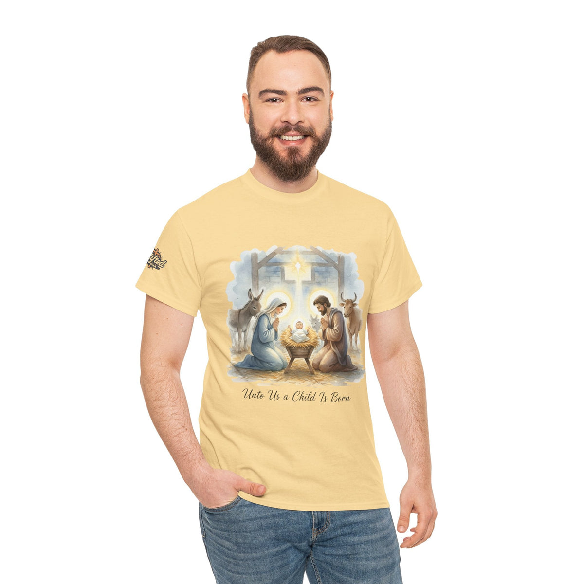 Unto Us a Child is Born T-shirt – Isaiah 9:6 Nativity Manger Scene Christian Christmas T-shirt for Holy Night Faith Printify