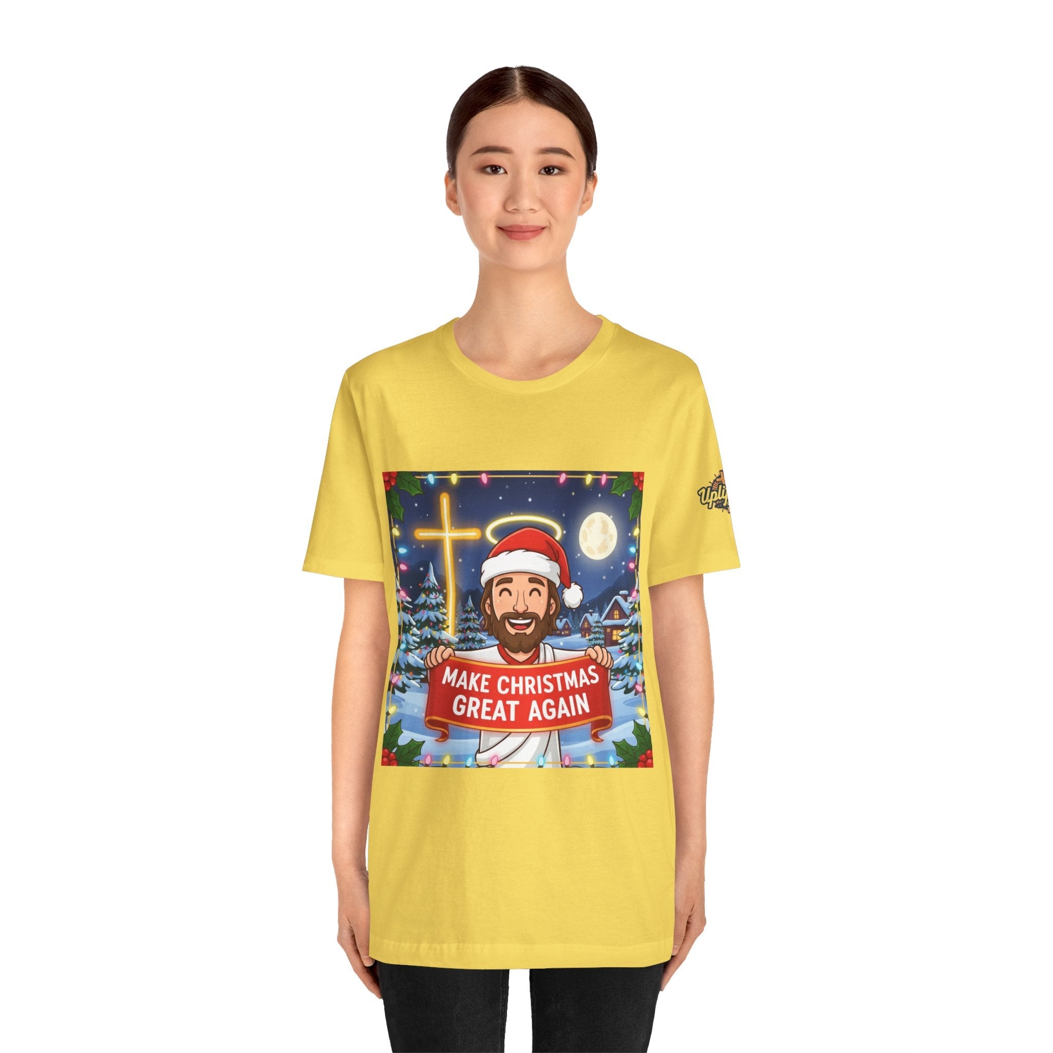 🎄 Make Christmas Great Again – Funny Christian T-Shirt | Jesus Holding Banner | Faith-Based Holiday Parody Tee | Uplifted Gear Printify