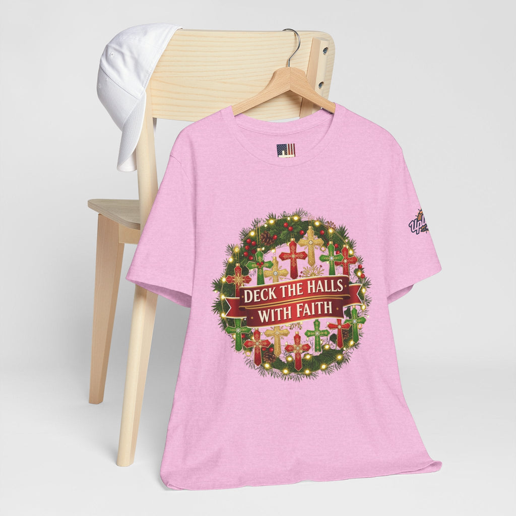 🎄 Deck the Halls with Faith – Christian Christmas T-Shirt | Cross Ornament Design & Festive Garland | Bold Holiday Faith Tee by Uplifted Gear Printify