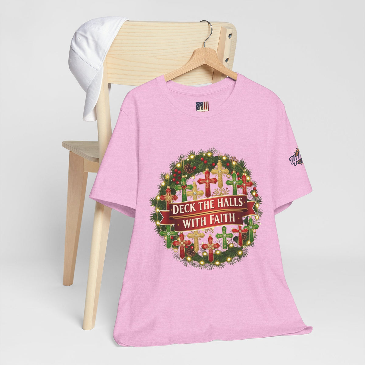 🎄 Deck the Halls with Faith – Christian Christmas T-Shirt | Cross Ornament Design & Festive Garland | Bold Holiday Faith Tee by Uplifted Gear Printify