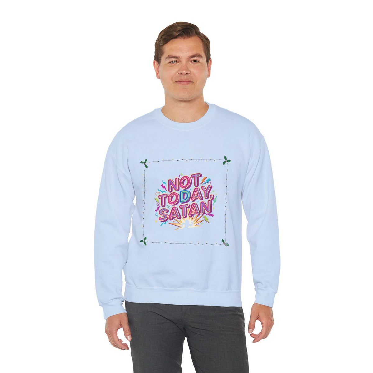 🔥 Not Today, Satan – Retro 90s Christian Sweatshirt | Neon Faith Tee | Funky Cartoon Devil | Bold Bible Verse Shirt | Uplifted Gear Printify
