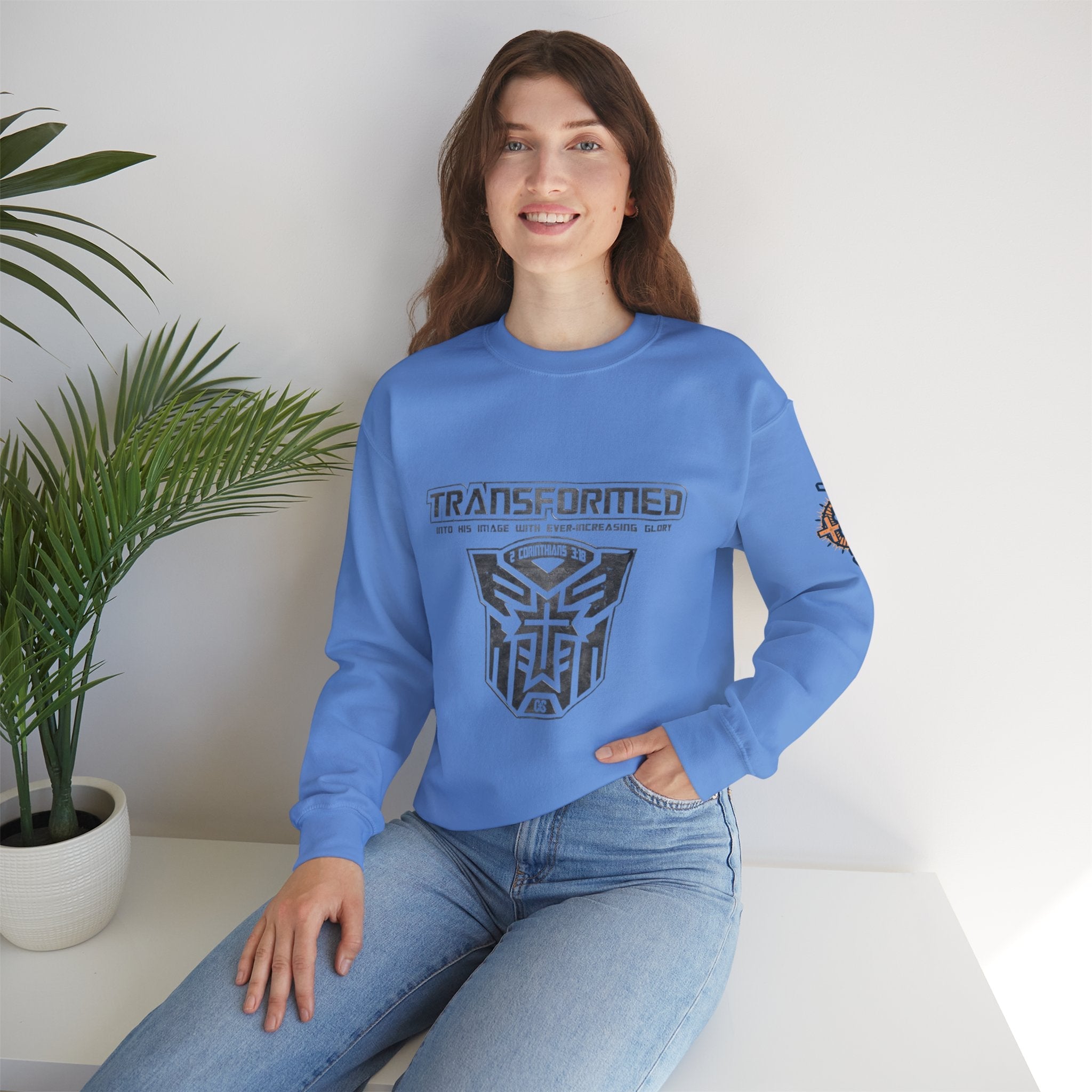 Transformer Logo Christian Sweatshirt | 2 Corinthians 3:18 Bible Verse Sweatshirt Printify