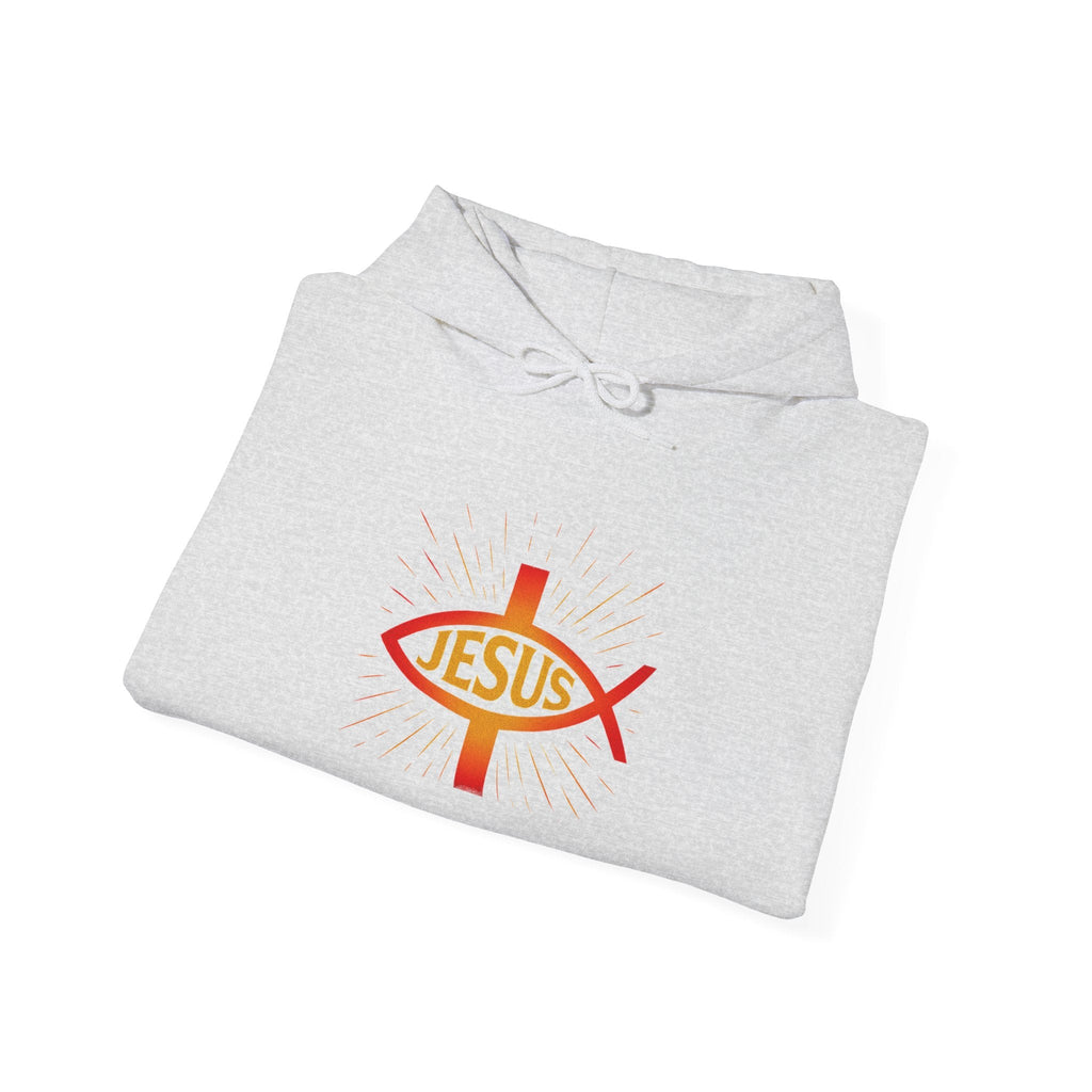 Jesus Ichthys Hoodie – Christian Fish Symbol with Cross & Jesus Inscription Sweatshirt for Eternal Faith & Streetwear Printify