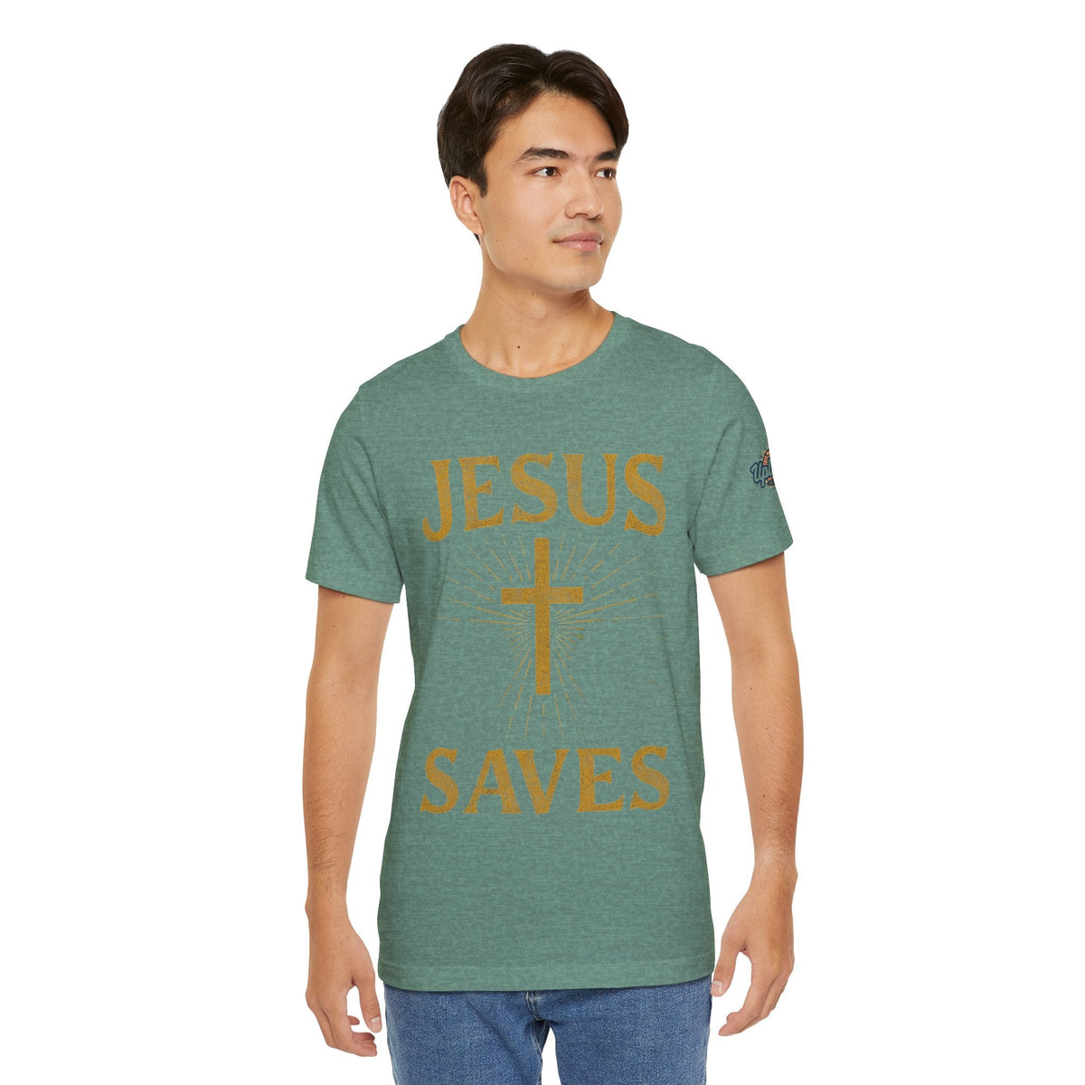 Jesus Saves T-shirt – Radiant Cross & Rays of Light Christian T-shirt for Eternal Hope & Faith Printify