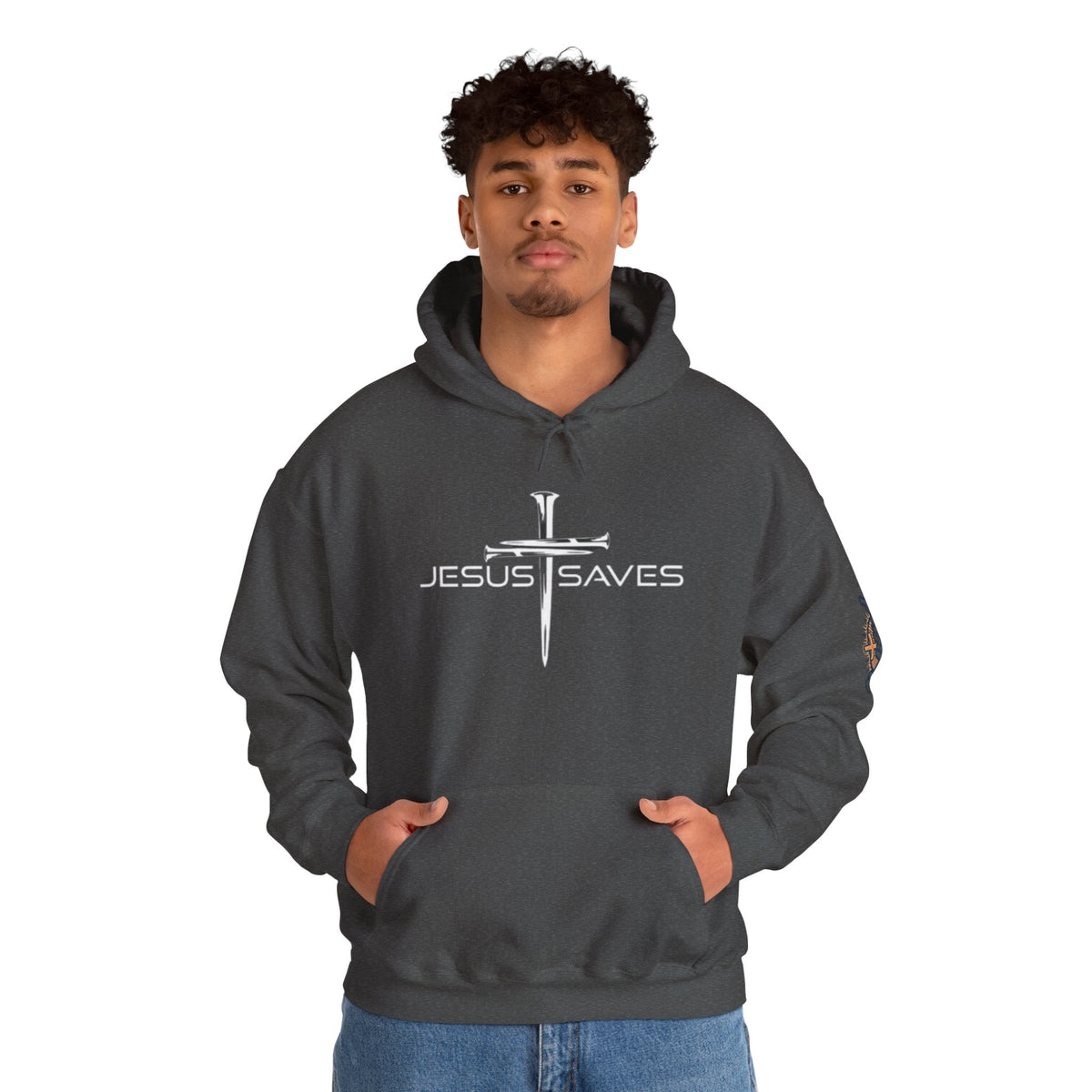 Jesus Saves Hoodie – 3 Nails Crucifix Cross Christian Sweatshirt for Redemption Faith & Bold Salvation Printify