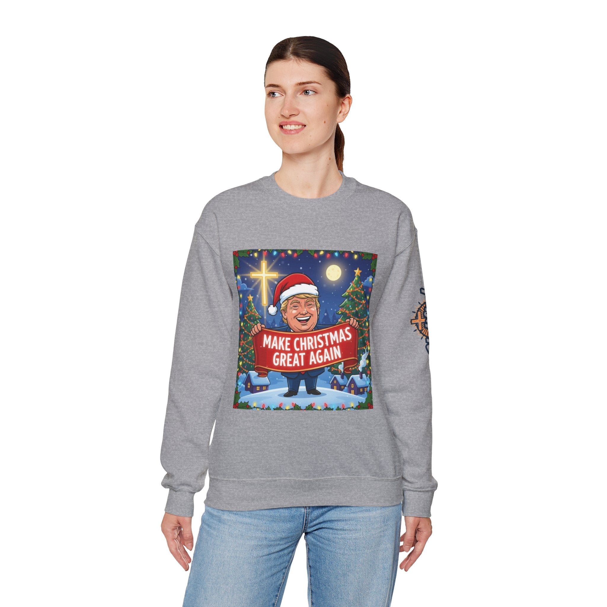 🎄 Make Christmas Great Again – Patriotic Christian Christmas Sweatshirt | Bold Holiday Faith Tee | Red & White Banner Design | Uplifted Gear Printify