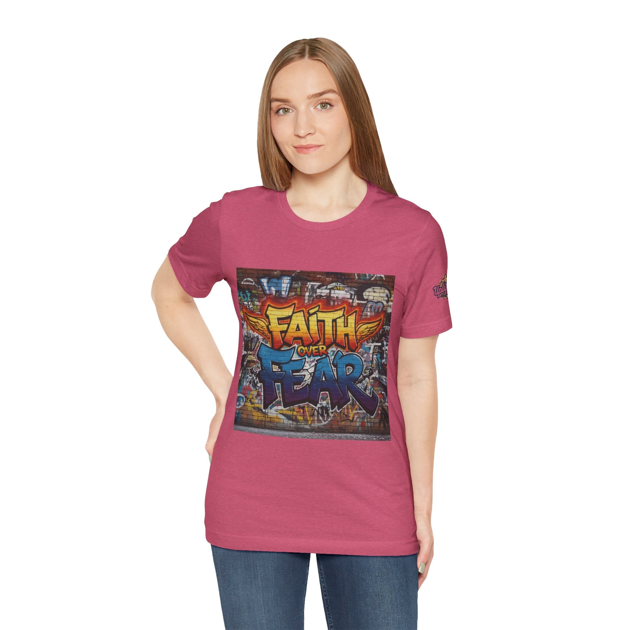 Faith Over Fear T-shirt – Graffiti Wall Christian T-shirt for Bold 2 Corinthians 5:7 Streetwear & Unshakable Faith Printify
