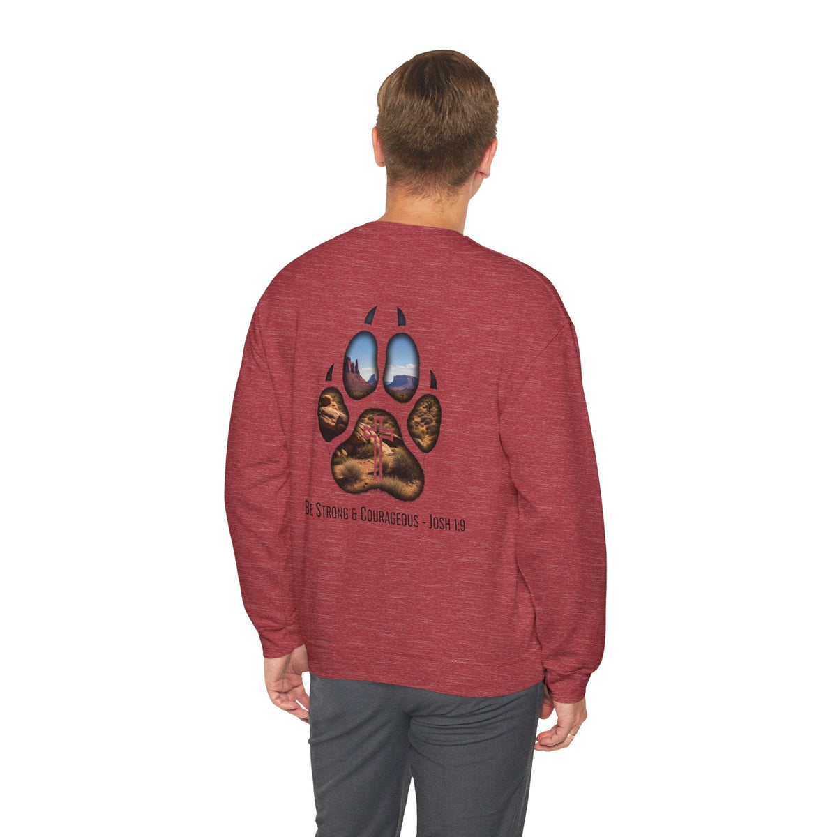 Strong and Courageous Sweatshirt – Joshua 1:9 Canine Pawprint Desert Christian Sweatshirt for Dog Lovers Printify