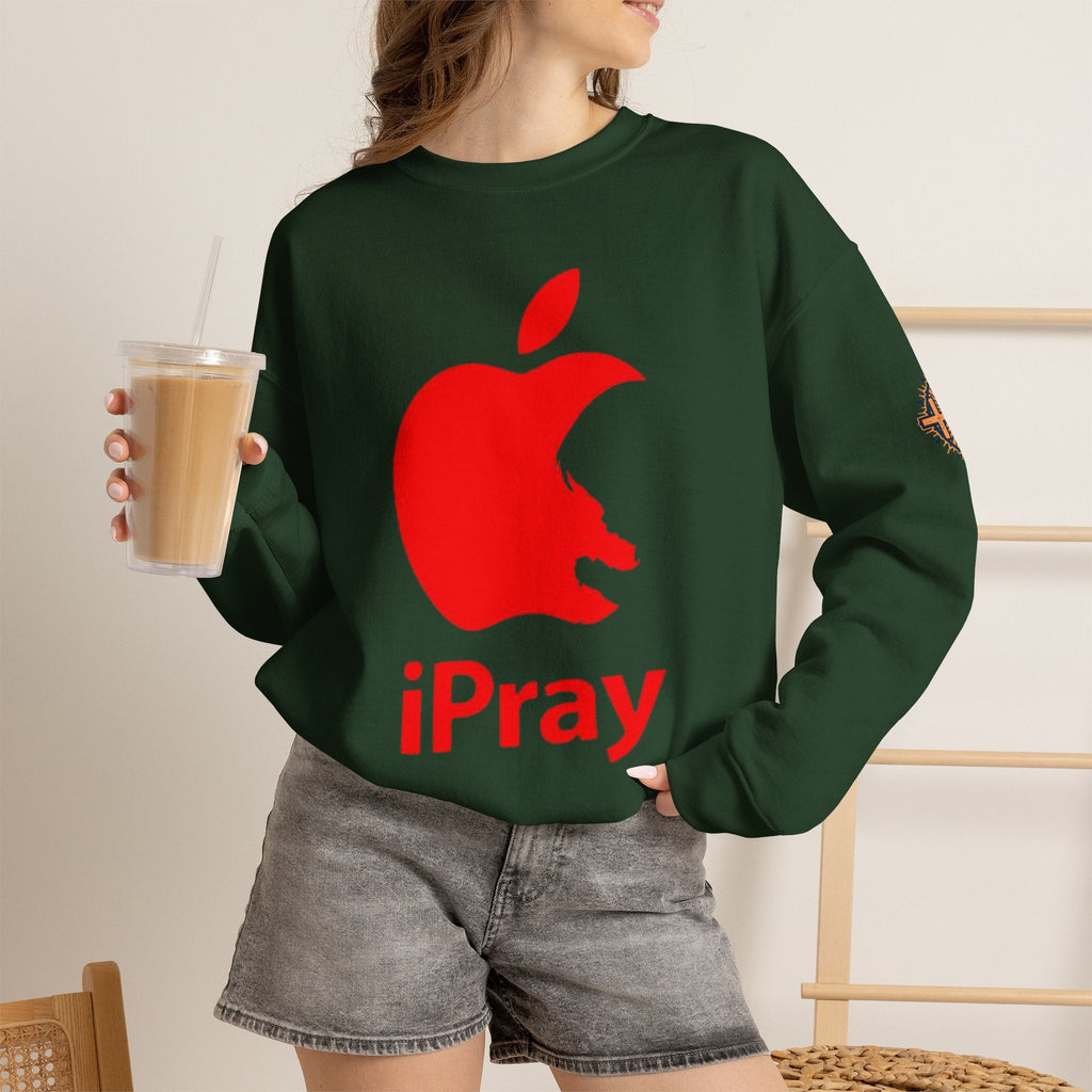 iPray Apple Logo Sweatshirt — Funny Christian Sweatshirt (Minimal Red Apple Graphic) Printify