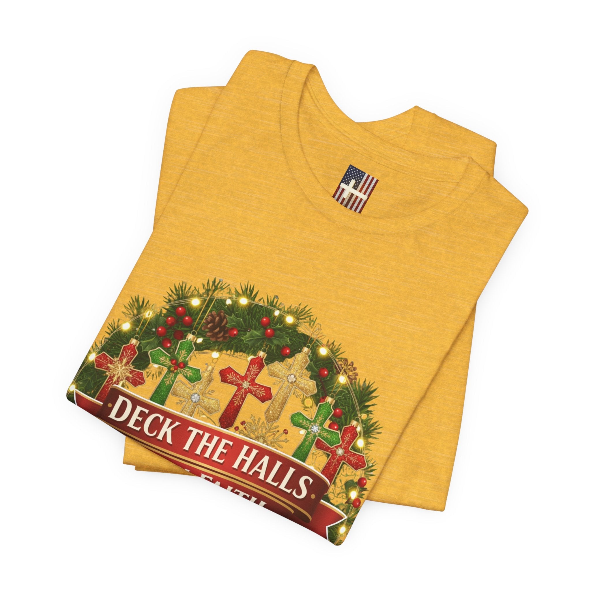 🎄 Deck the Halls with Faith – Christian Christmas T-Shirt | Cross Ornament Design & Festive Garland | Bold Holiday Faith Tee by Uplifted Gear Printify