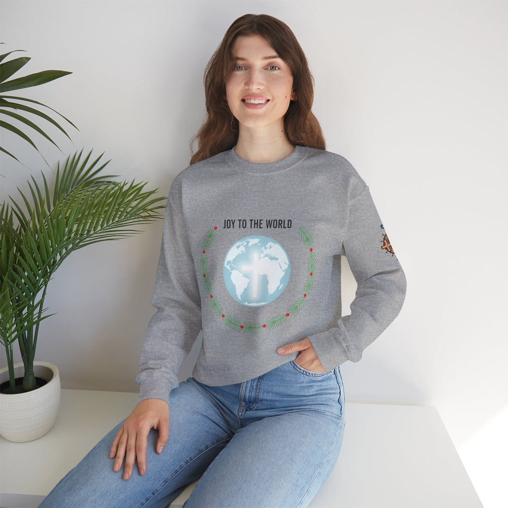 Joy to the World Sweatshirt – Wreath Earth Nativity Christian Christmas Sweatshirt for Isaiah 9:6 Holiday Faith & Festive Joy Printify