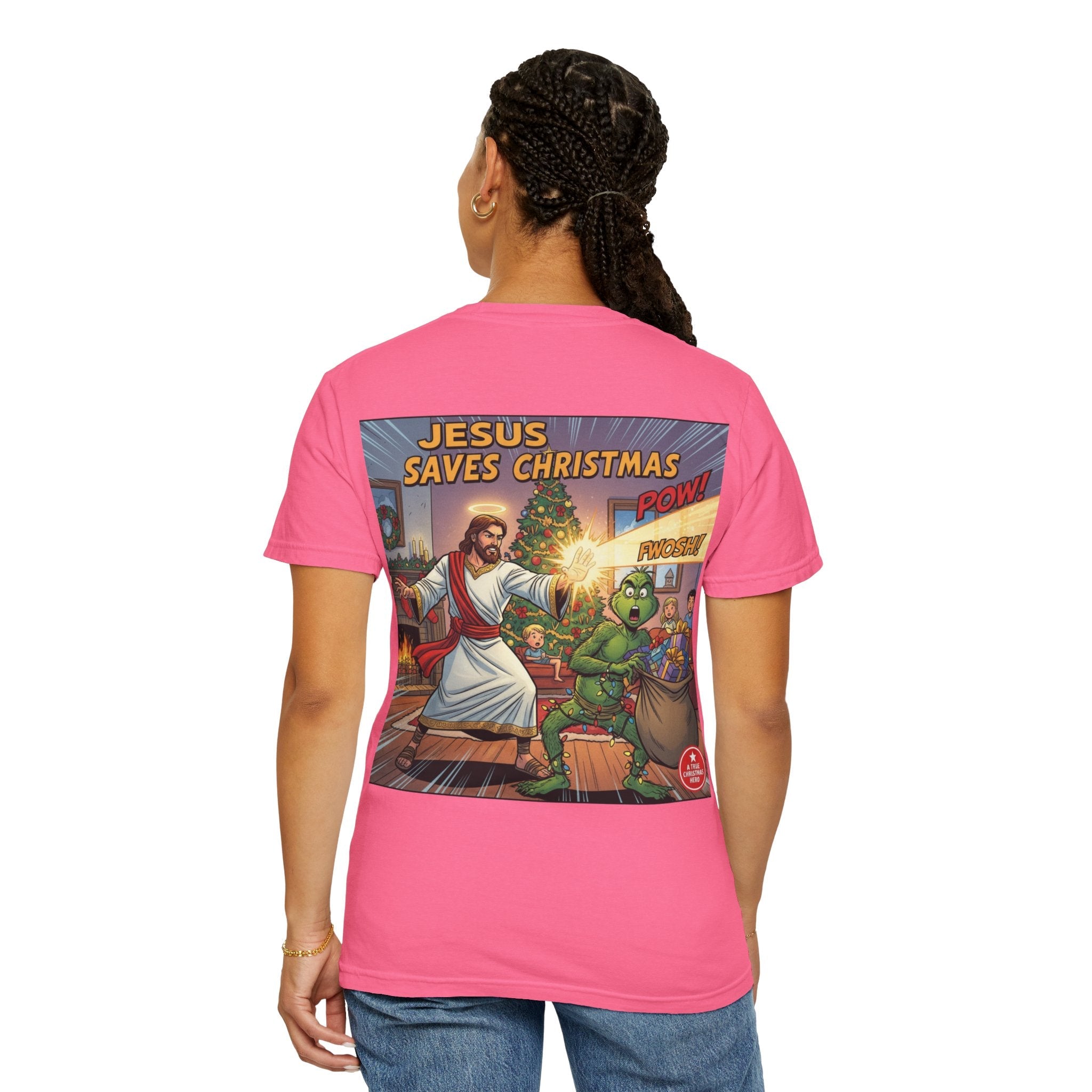 Jesus Saves Christmas T-shirt – Grinch vs Savior Light Battle Christian T-shirt for Hilarious Holiday Faith & True Joy Printify