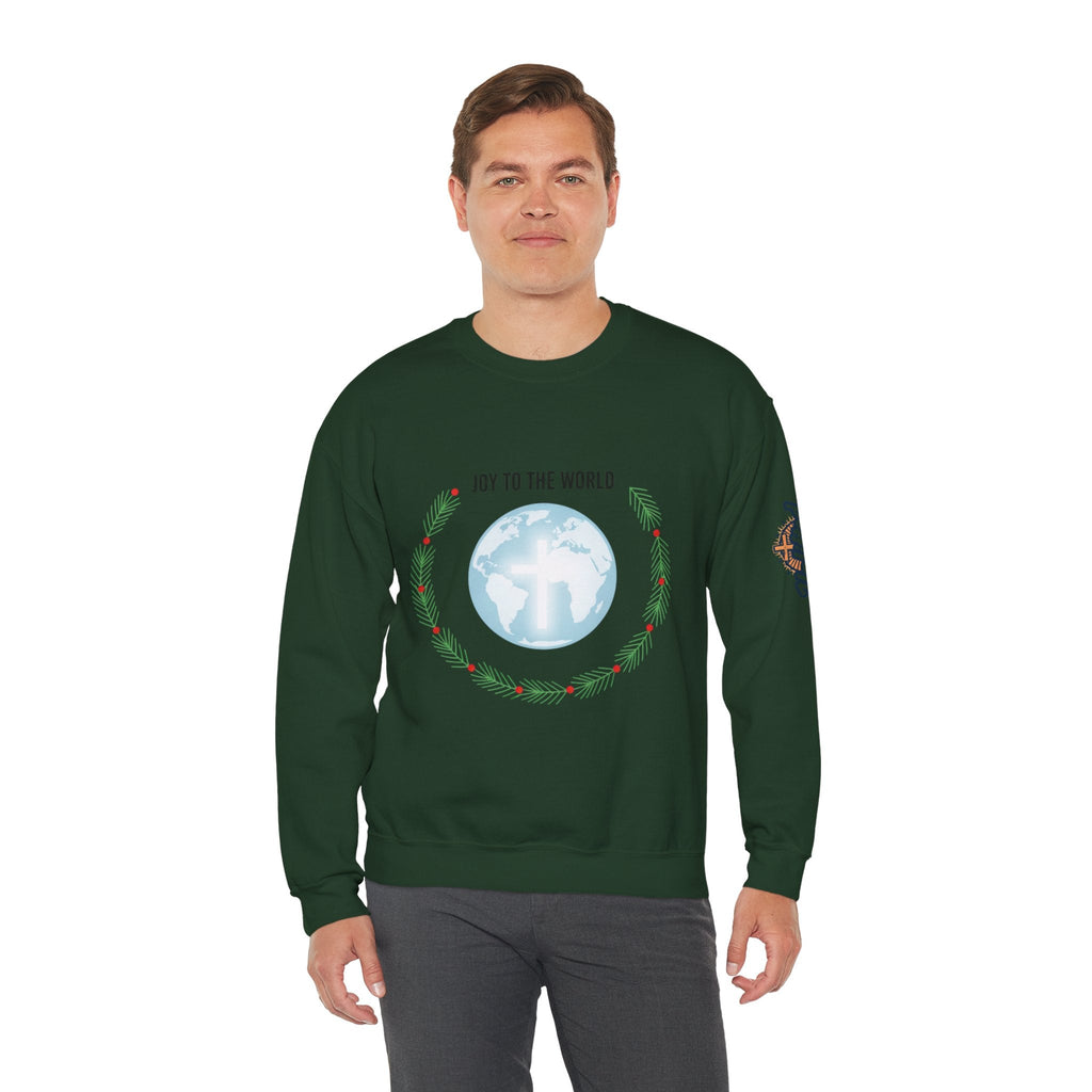 Joy to the World Sweatshirt – Wreath Earth Nativity Christian Christmas Sweatshirt for Isaiah 9:6 Holiday Faith & Festive Joy Printify
