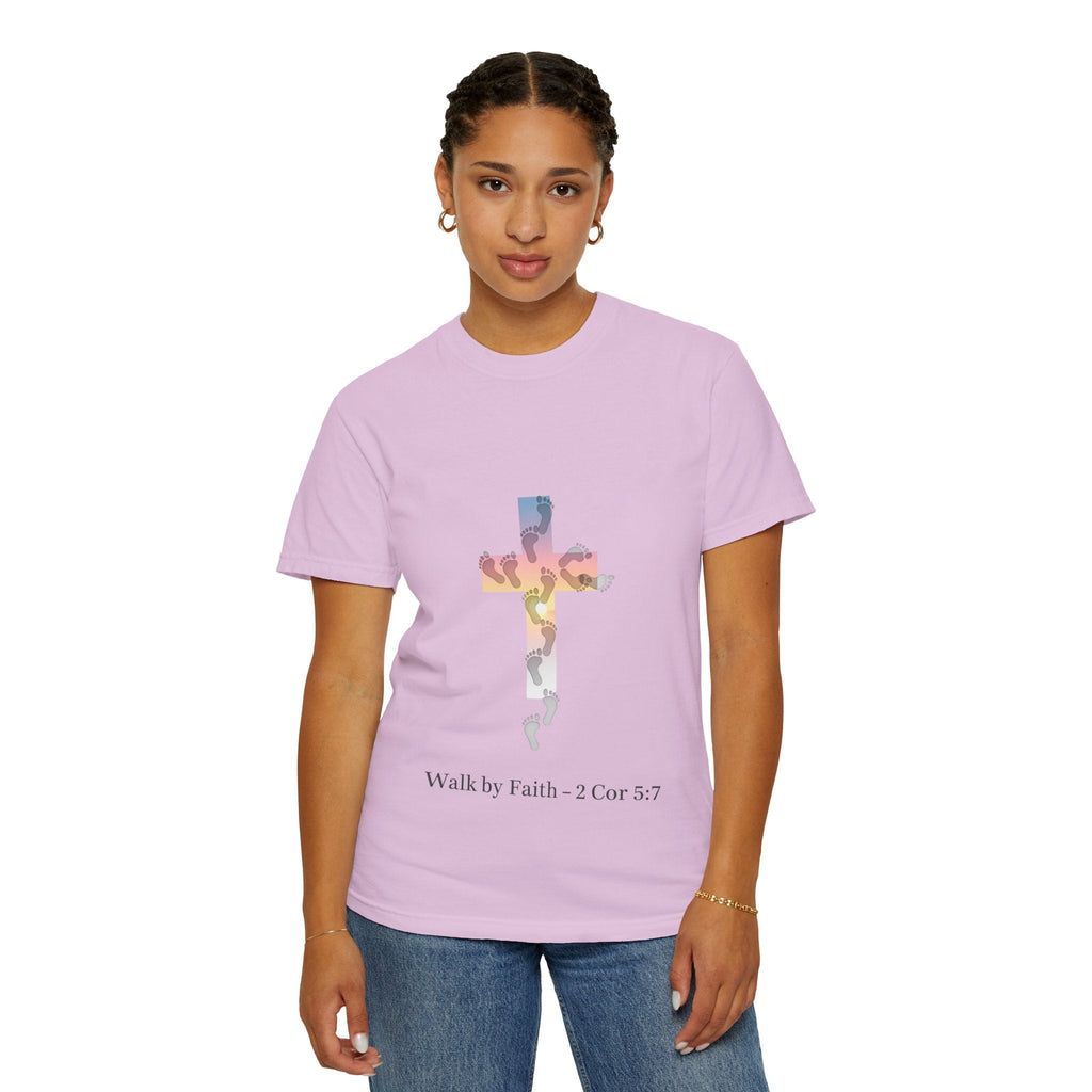 Walk by Faith T-Shirt – Cross & Footprints Christian Tee for Bold Believers Printify