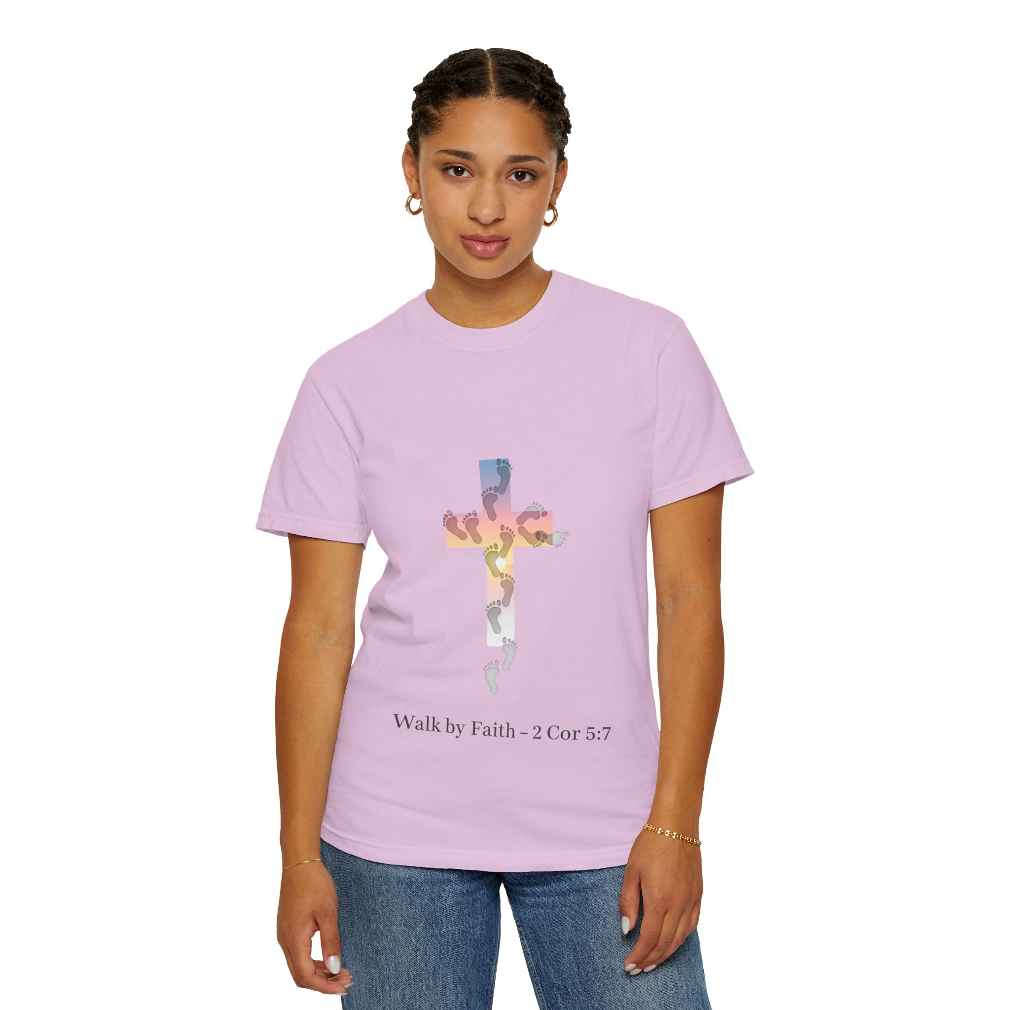 Walk by Faith T-Shirt – Cross & Footprints Christian Tee for Bold Believers Printify