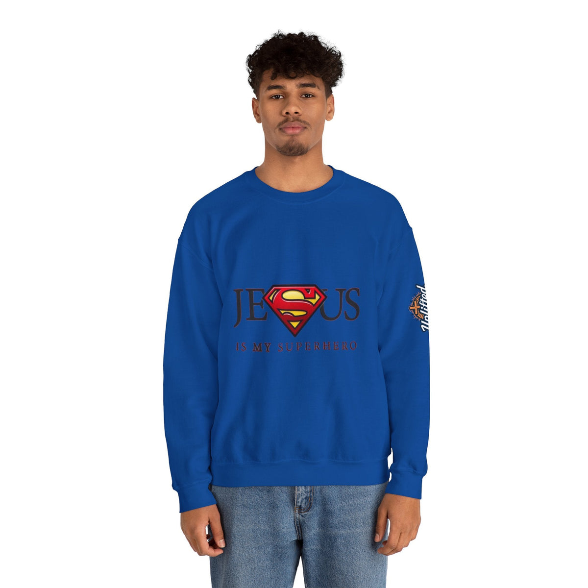 Jesus Is My Superhero Crewneck Sweatshirt Printify