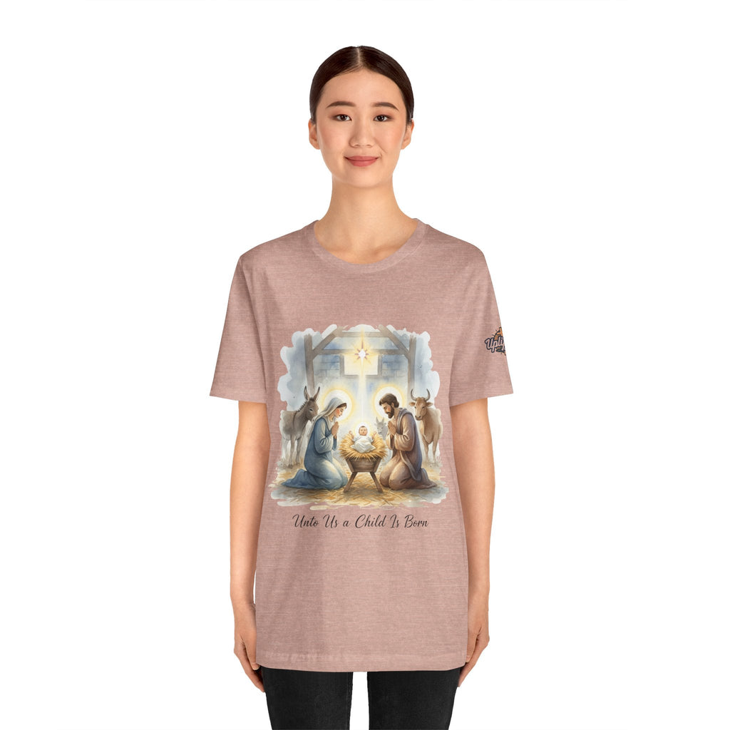 Unto Us a Child is Born T-shirt – Isaiah 9:6 Nativity Manger Scene Christian Christmas T-shirt for Holy Night Faith Printify