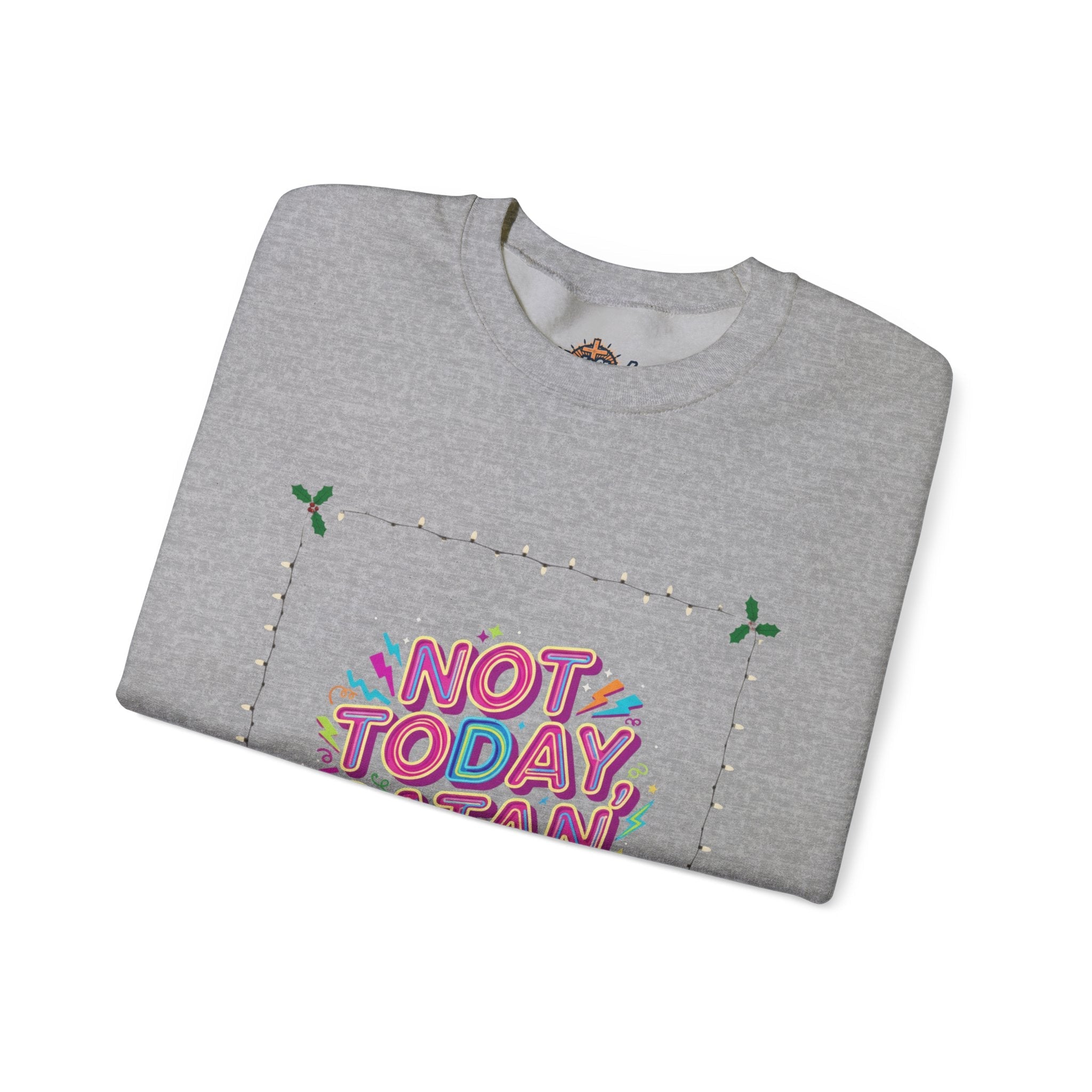 🔥 Not Today, Satan – Retro 90s Christian Sweatshirt | Neon Faith Tee | Funky Cartoon Devil | Bold Bible Verse Shirt | Uplifted Gear Printify