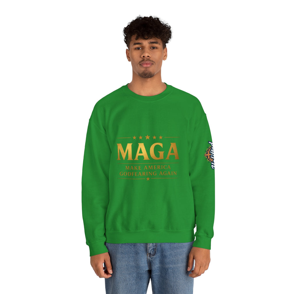 Sweatshirt — "MAGA Make America Godfearing Again" Gold Logo Crewneck Printify